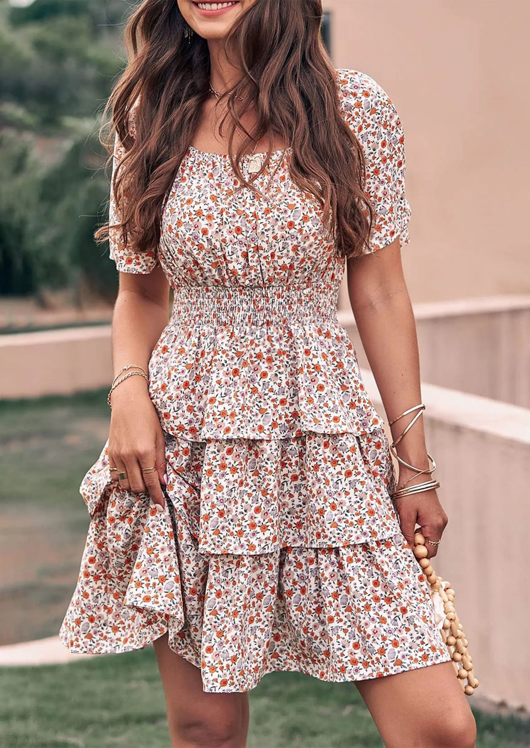 PRETTYGARDEN Women Floral Square Neck Short Sleeve Tiered Ruffle Boho Mini Dresses - Image 4