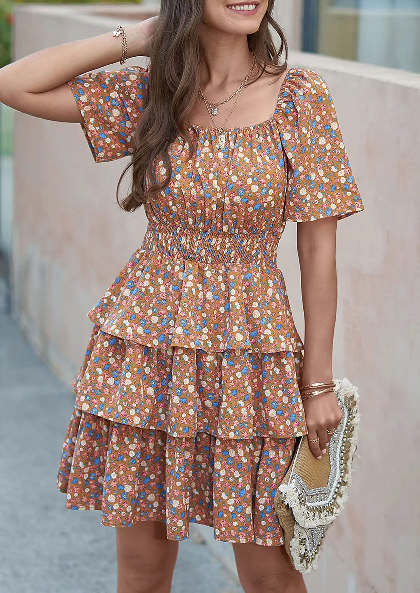 PRETTYGARDEN Women Floral Square Neck Short Sleeve Tiered Ruffle Boho Mini Dresses - Image 40