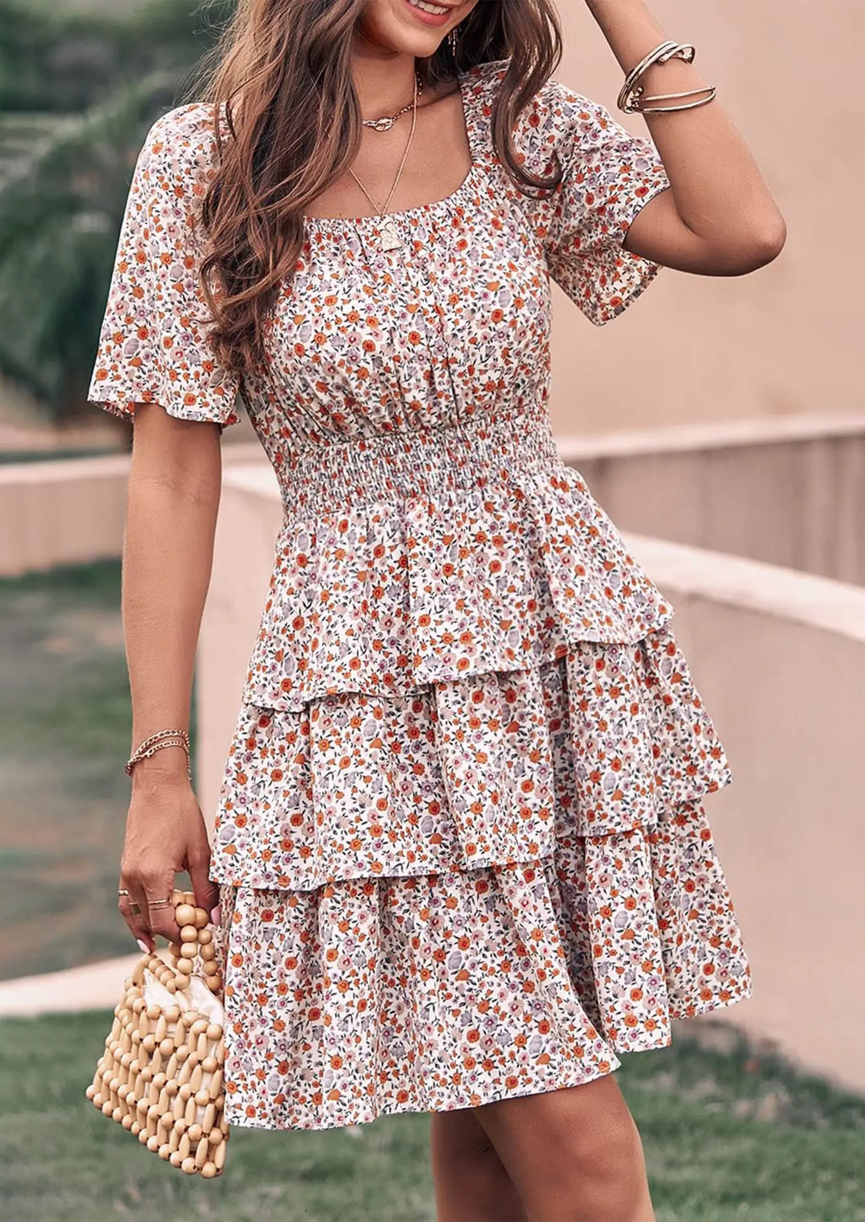 PRETTYGARDEN Women Floral Square Neck Short Sleeve Tiered Ruffle Boho Mini Dresses - Image 5