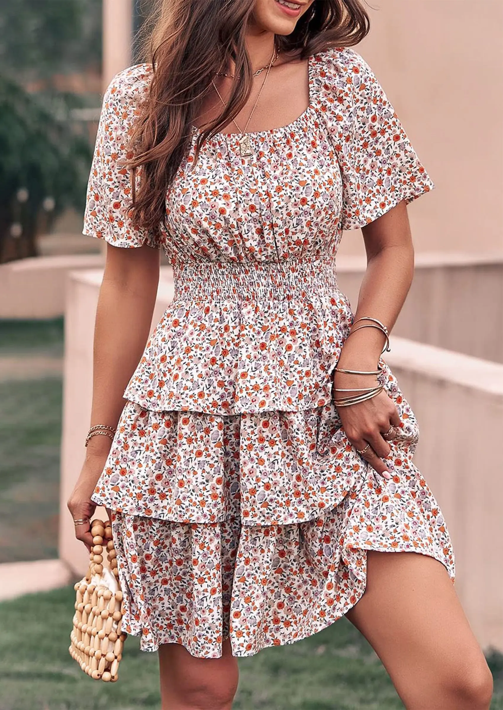 PRETTYGARDEN Women Floral Square Neck Short Sleeve Tiered Ruffle Boho Mini Dresses - Image 6