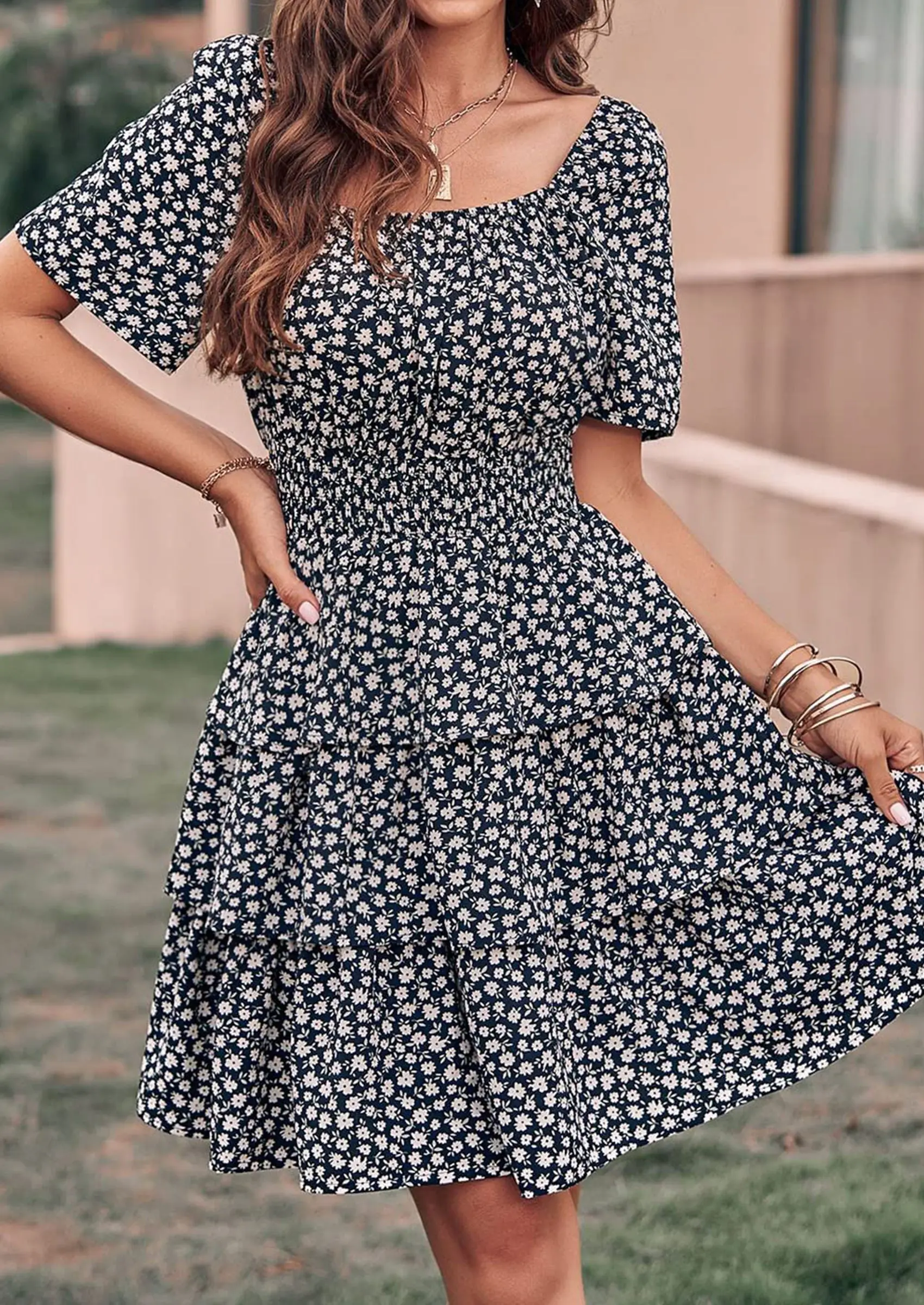 PRETTYGARDEN Women Floral Square Neck Short Sleeve Tiered Ruffle Boho Mini Dresses - Image 8