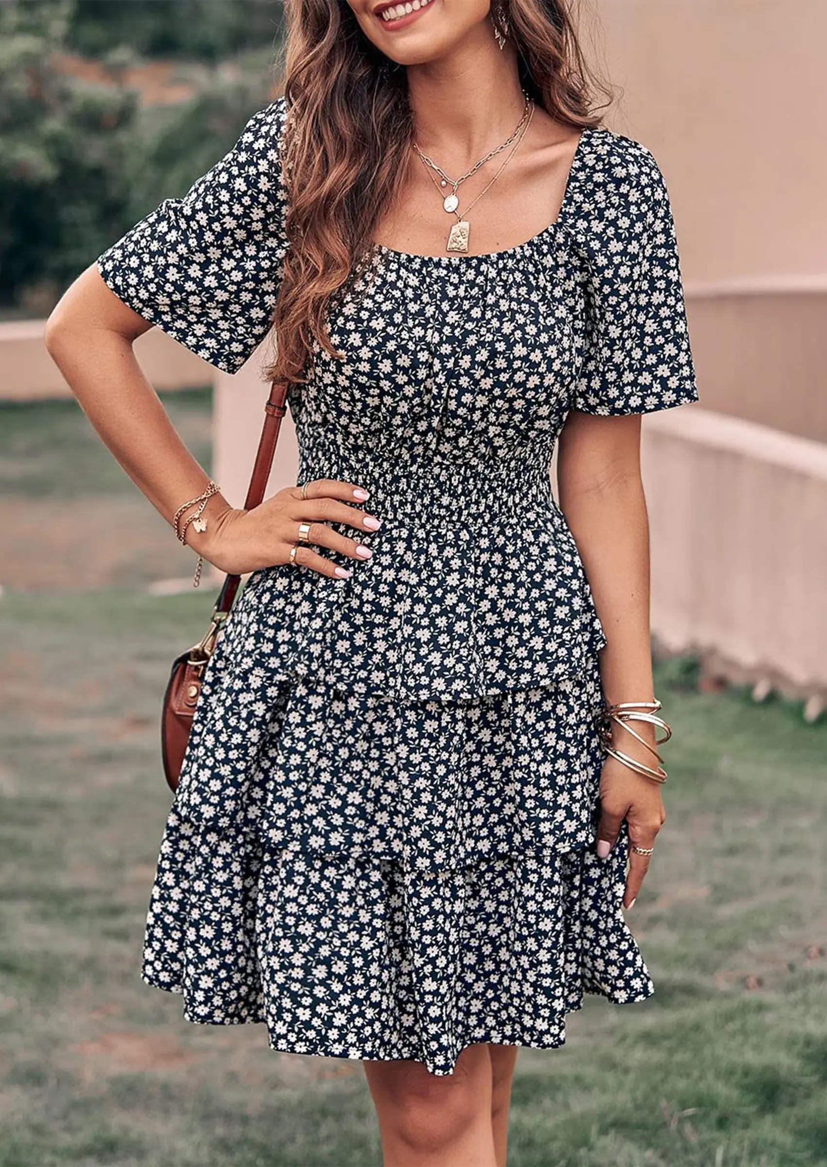 PRETTYGARDEN Women Floral Square Neck Short Sleeve Tiered Ruffle Boho Mini Dresses - Image 9