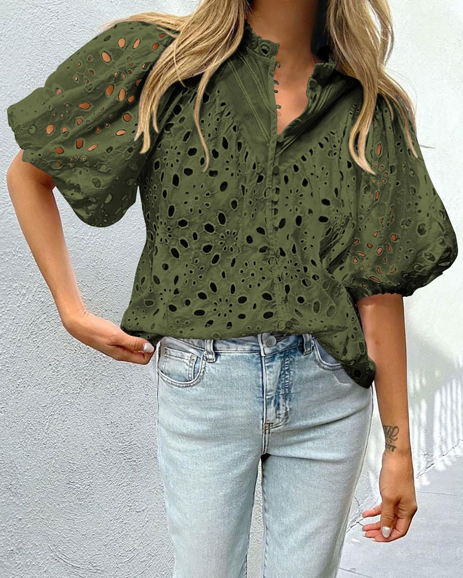 PRETTYGARDEN Women's Summer Short Sleeve Tops Dressy Casual Buttons V Neck Hollow Out Lace Embroidered Blouses Shirts - Image 10