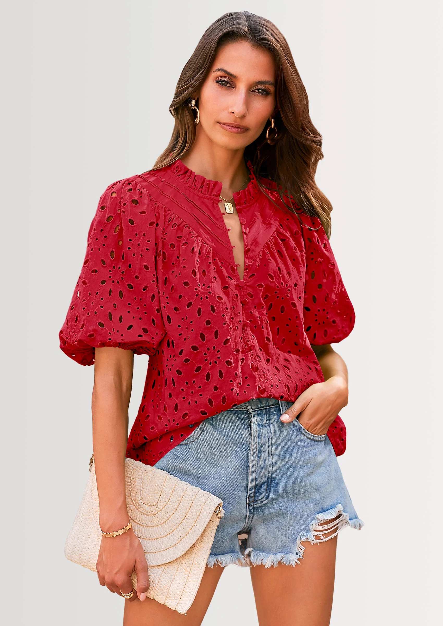 PRETTYGARDEN Women's Summer Short Sleeve Tops Dressy Casual Buttons V Neck Hollow Out Lace Embroidered Blouses Shirts - Image 100