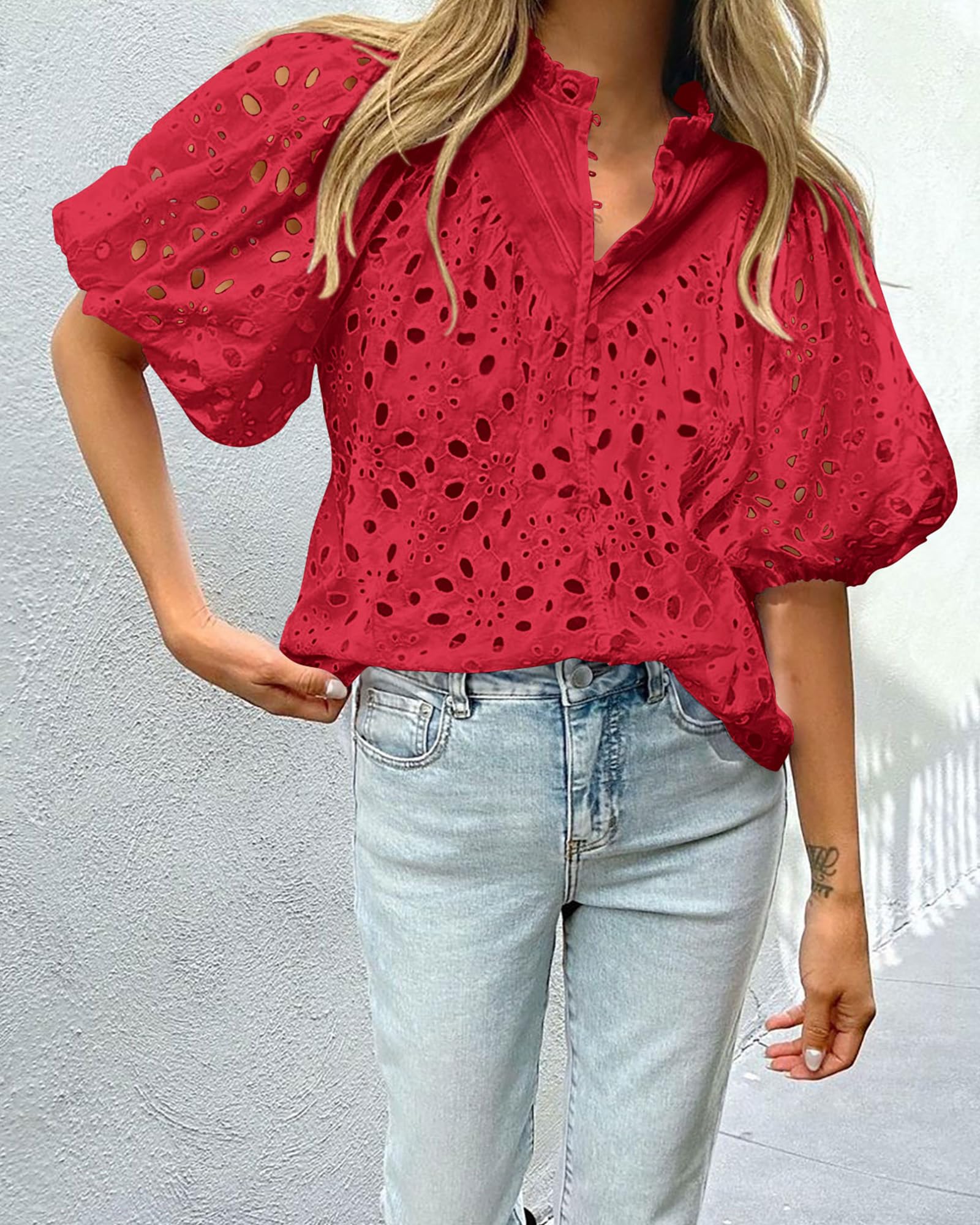 PRETTYGARDEN Women's Summer Short Sleeve Tops Dressy Casual Buttons V Neck Hollow Out Lace Embroidered Blouses Shirts - Image 102