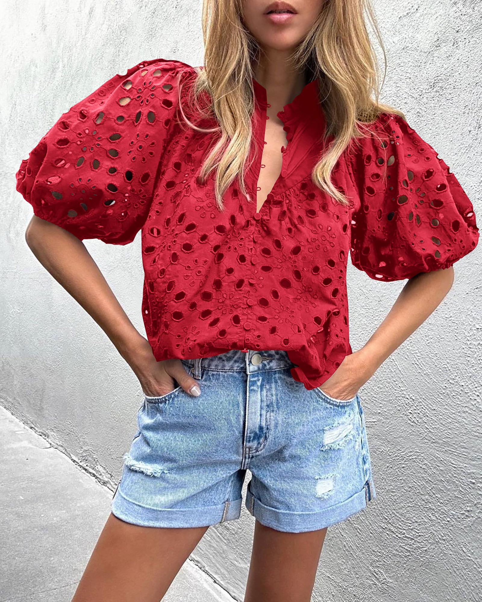 PRETTYGARDEN Women's Summer Short Sleeve Tops Dressy Casual Buttons V Neck Hollow Out Lace Embroidered Blouses Shirts - Image 103