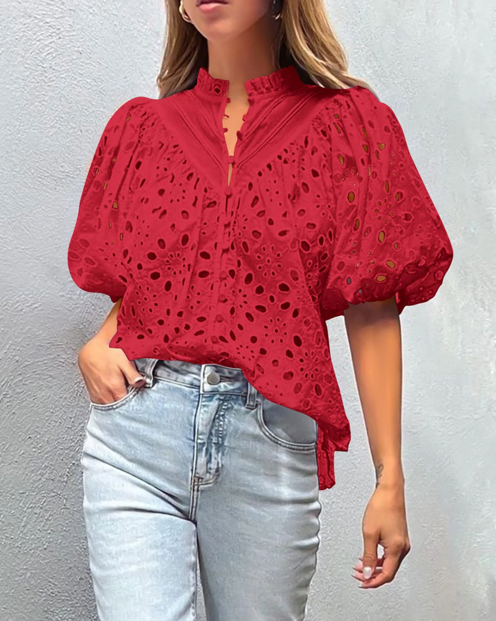PRETTYGARDEN Women's Summer Short Sleeve Tops Dressy Casual Buttons V Neck Hollow Out Lace Embroidered Blouses Shirts - Image 104