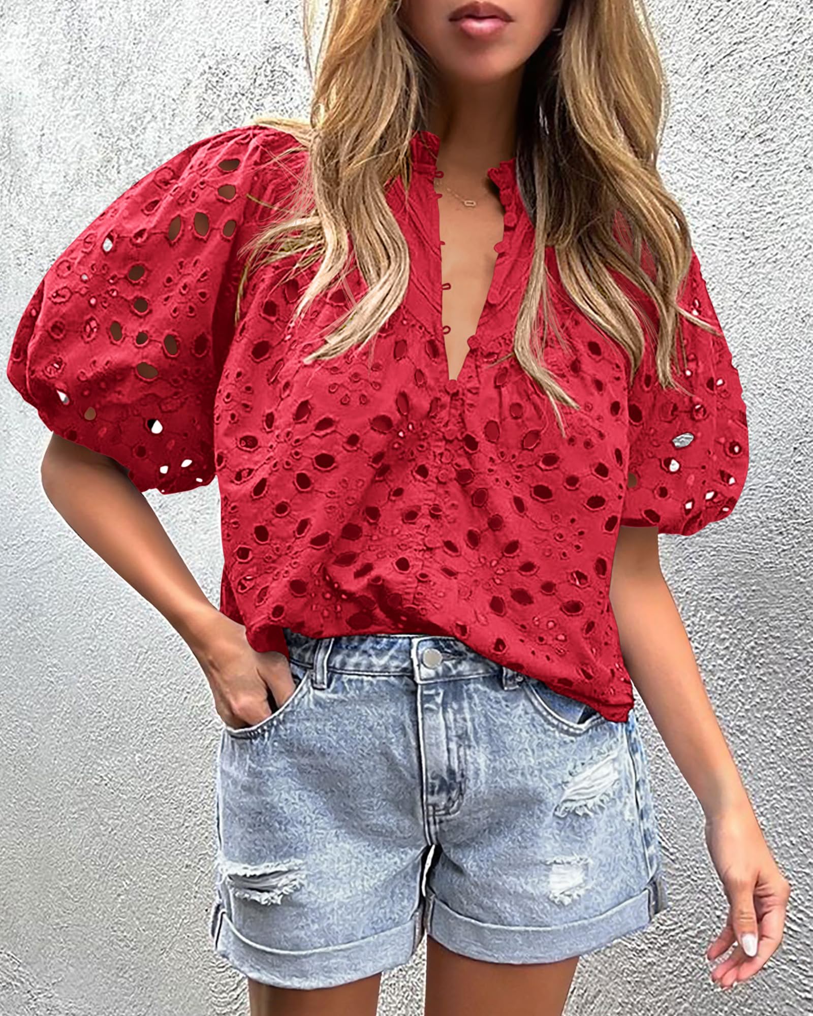 PRETTYGARDEN Women's Summer Short Sleeve Tops Dressy Casual Buttons V Neck Hollow Out Lace Embroidered Blouses Shirts - Image 106