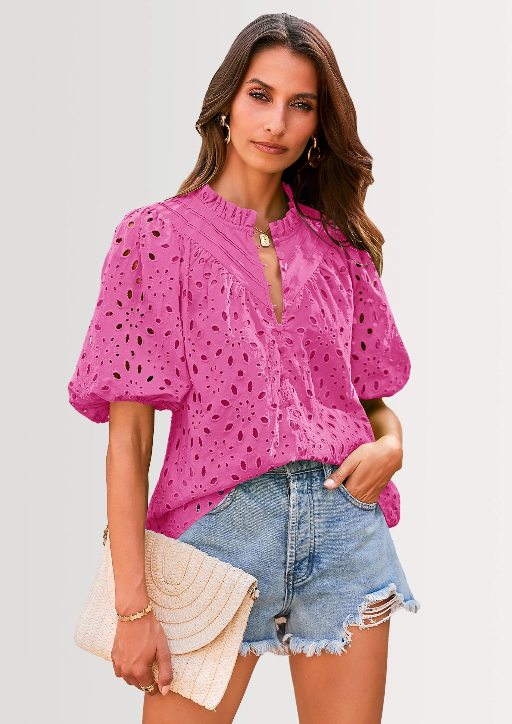 PRETTYGARDEN Women's Summer Short Sleeve Tops Dressy Casual Buttons V Neck Hollow Out Lace Embroidered Blouses Shirts - Image 107