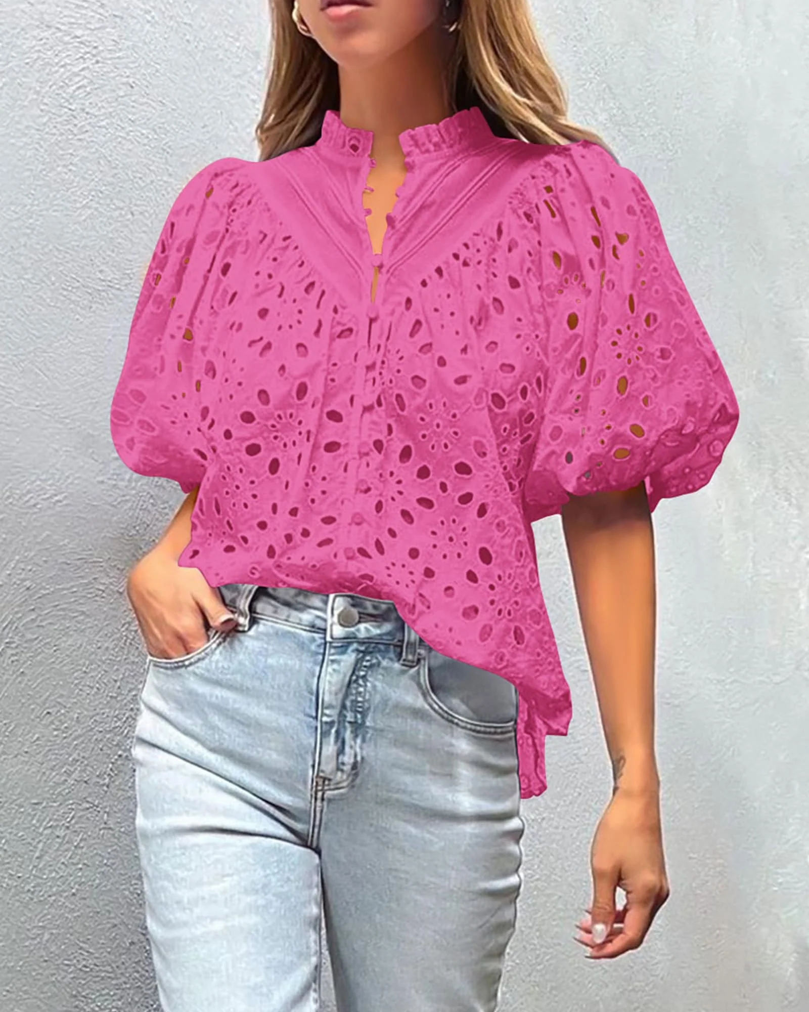 PRETTYGARDEN Women's Summer Short Sleeve Tops Dressy Casual Buttons V Neck Hollow Out Lace Embroidered Blouses Shirts - Image 110
