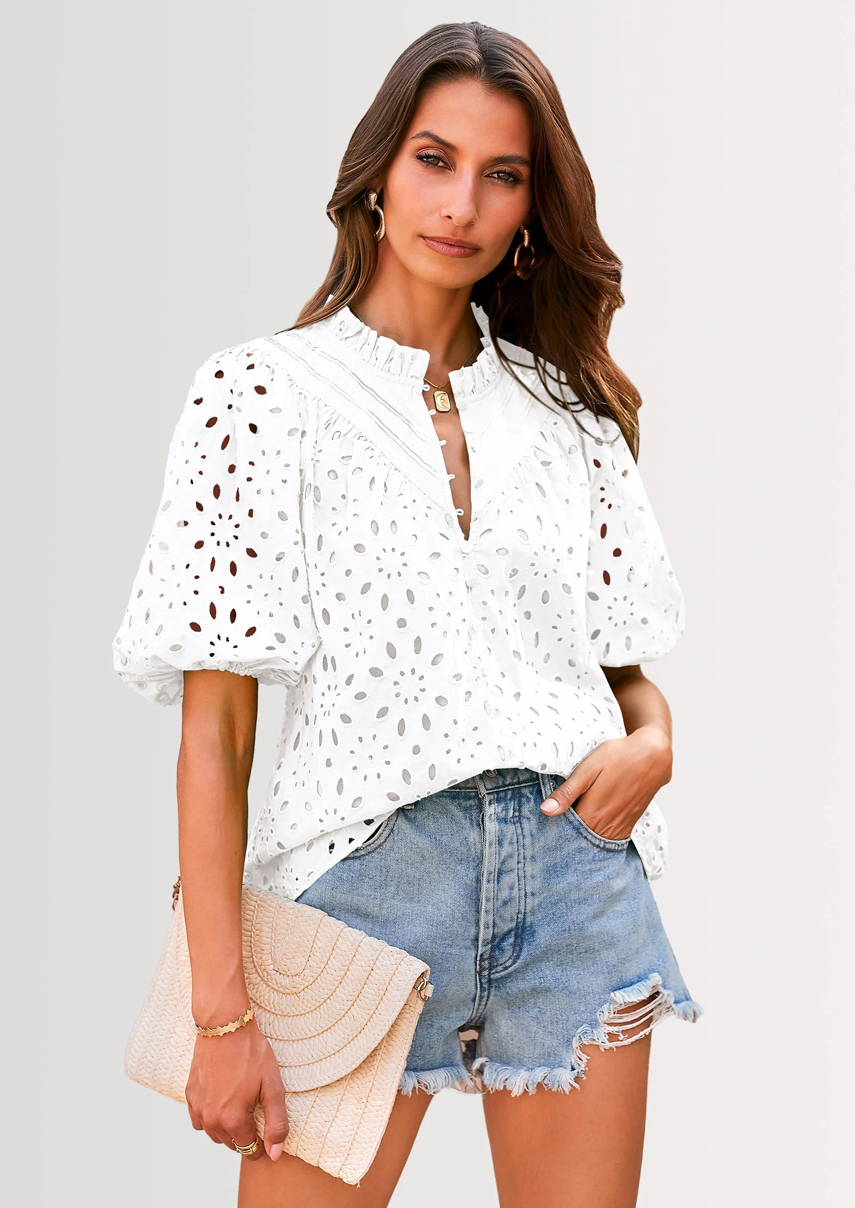 PRETTYGARDEN Women's Summer Short Sleeve Tops Dressy Casual Buttons V Neck Hollow Out Lace Embroidered Blouses Shirts - Image 114