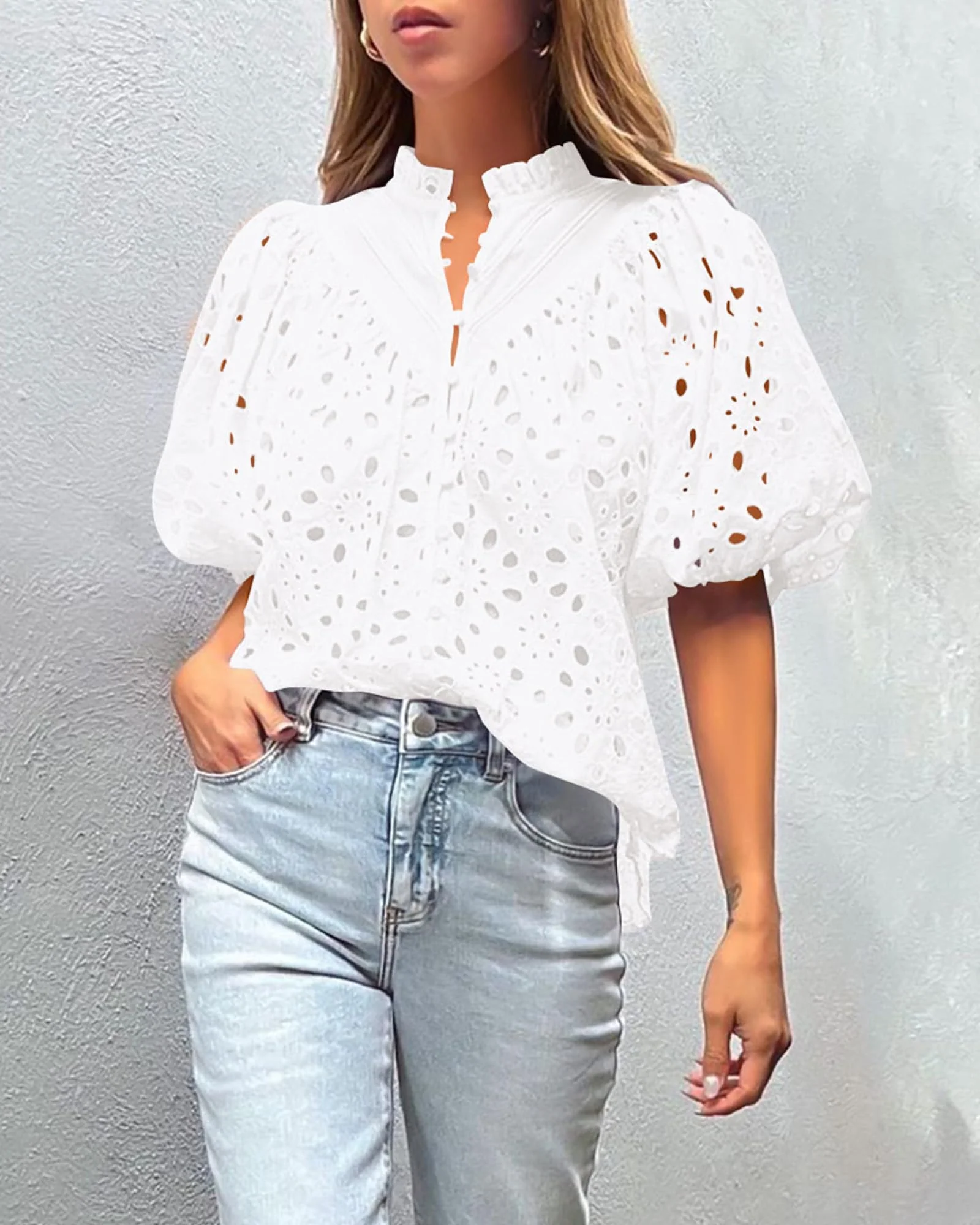 PRETTYGARDEN Women's Summer Short Sleeve Tops Dressy Casual Buttons V Neck Hollow Out Lace Embroidered Blouses Shirts - Image 117
