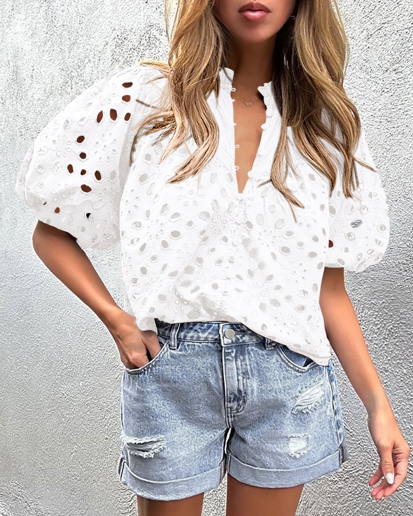 PRETTYGARDEN Women's Summer Short Sleeve Tops Dressy Casual Buttons V Neck Hollow Out Lace Embroidered Blouses Shirts - Image 119