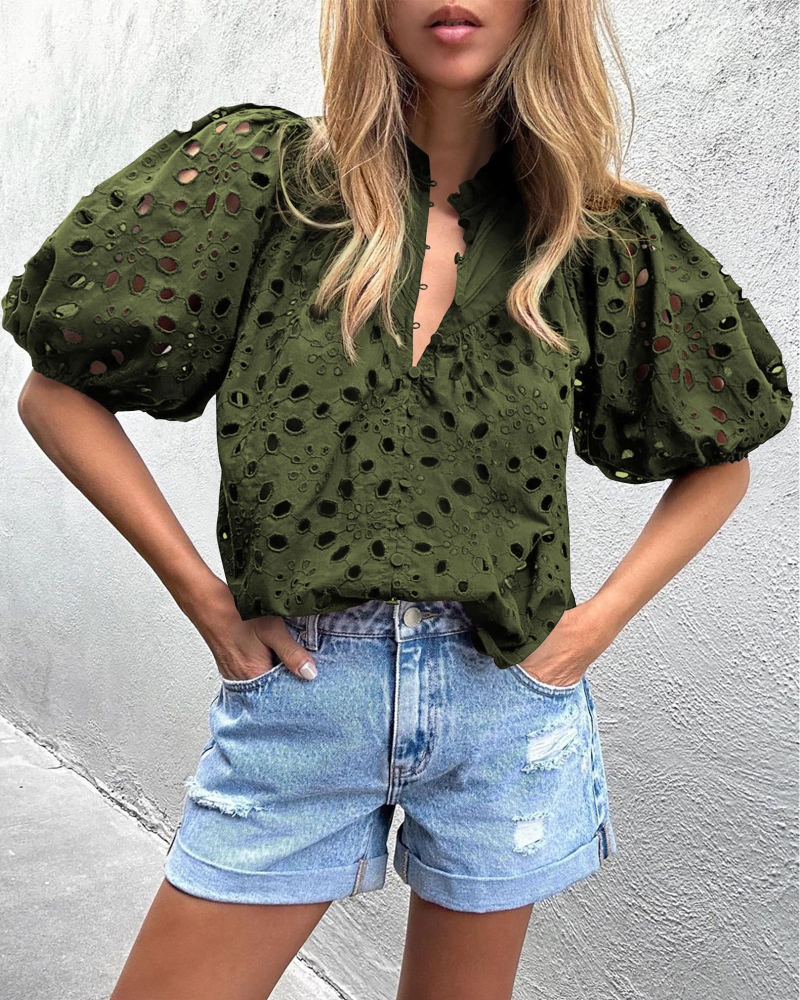 PRETTYGARDEN Women's Summer Short Sleeve Tops Dressy Casual Buttons V Neck Hollow Out Lace Embroidered Blouses Shirts - Image 12