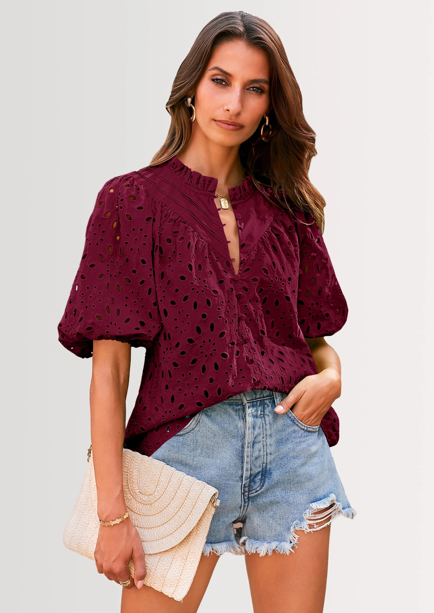 PRETTYGARDEN Women's Summer Short Sleeve Tops Dressy Casual Buttons V Neck Hollow Out Lace Embroidered Blouses Shirts - Image 120