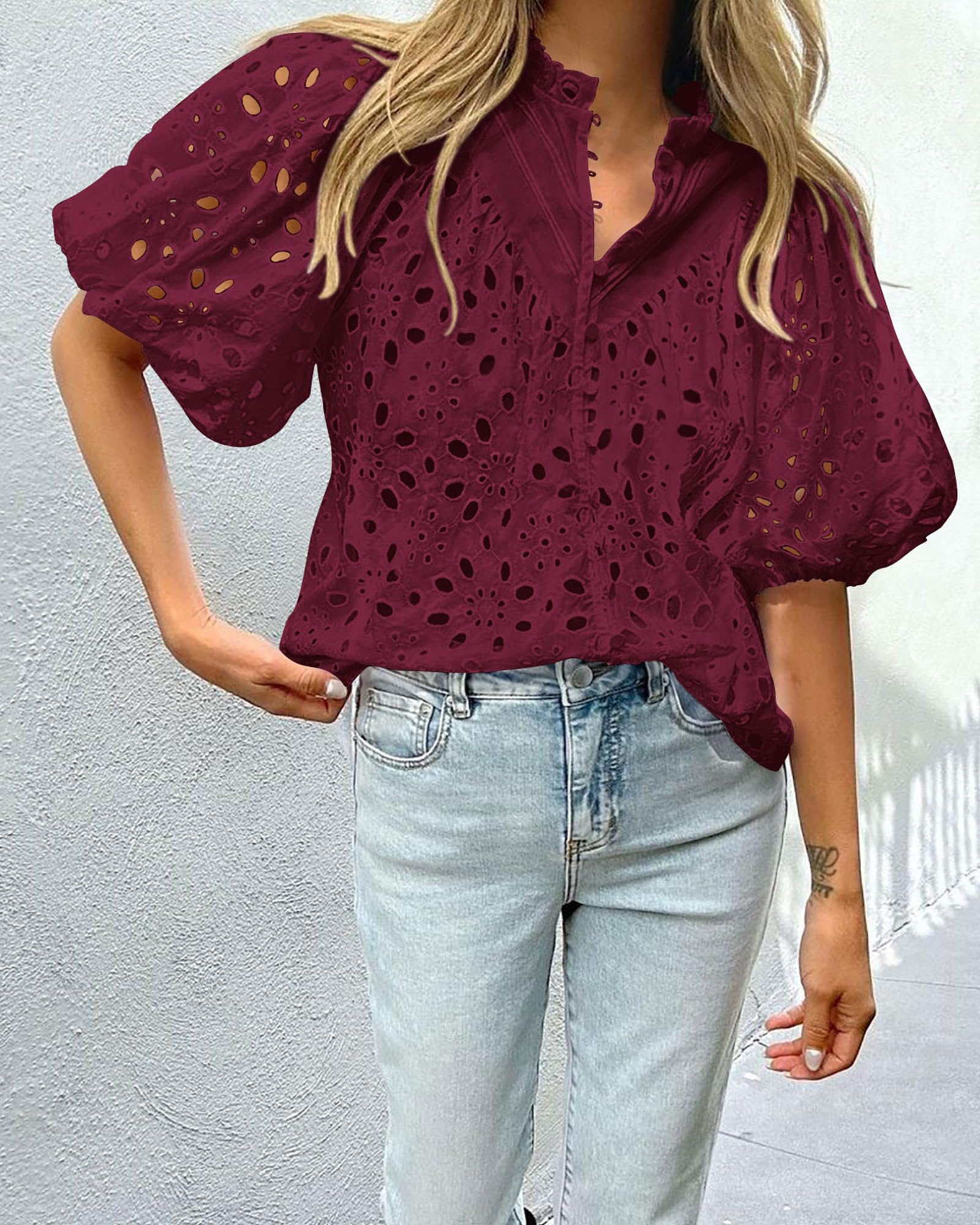 PRETTYGARDEN Women's Summer Short Sleeve Tops Dressy Casual Buttons V Neck Hollow Out Lace Embroidered Blouses Shirts - Image 121