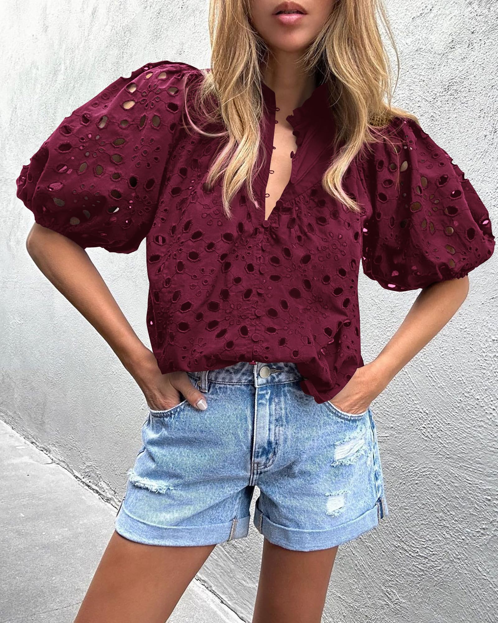 PRETTYGARDEN Women's Summer Short Sleeve Tops Dressy Casual Buttons V Neck Hollow Out Lace Embroidered Blouses Shirts - Image 122