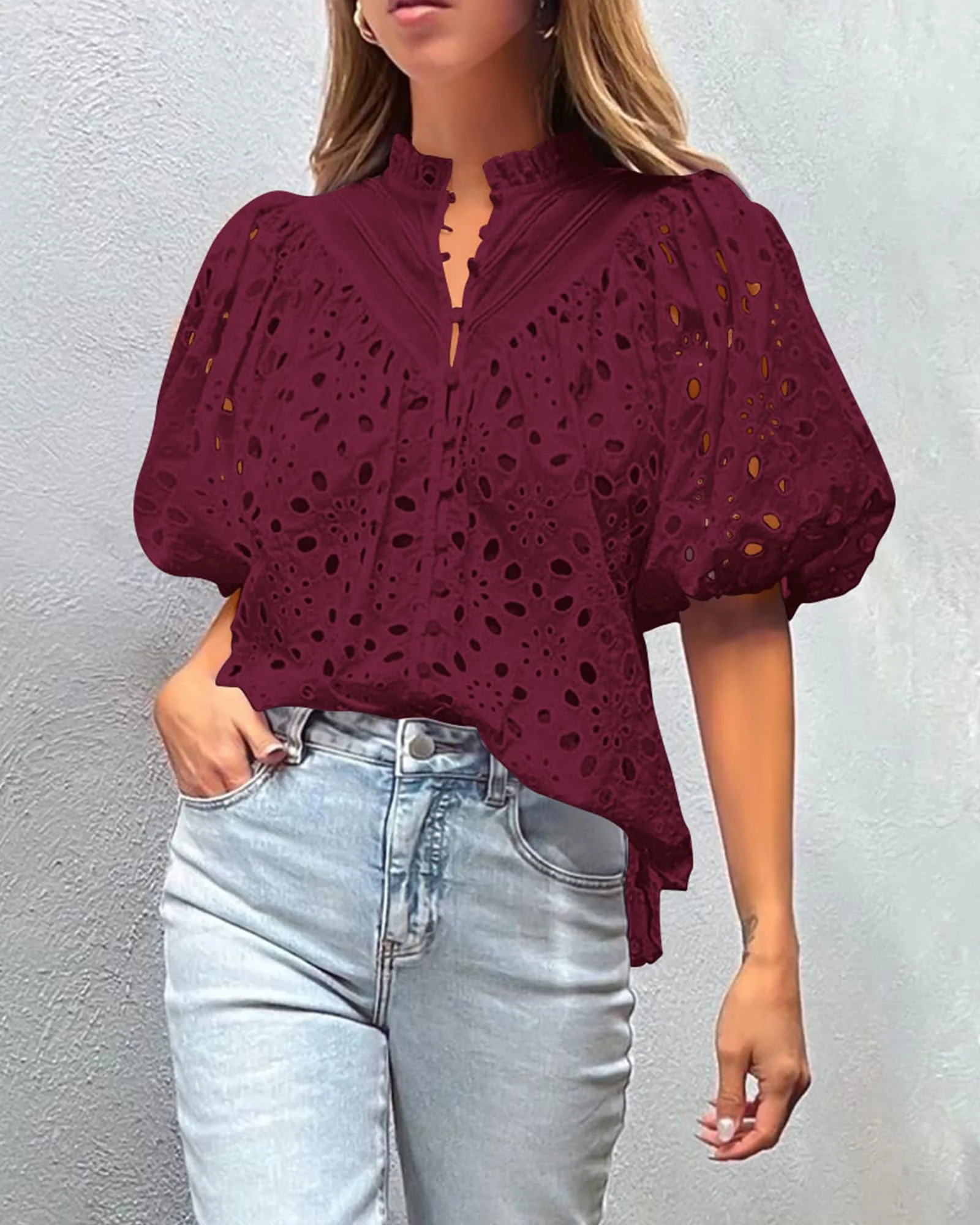 PRETTYGARDEN Women's Summer Short Sleeve Tops Dressy Casual Buttons V Neck Hollow Out Lace Embroidered Blouses Shirts - Image 123