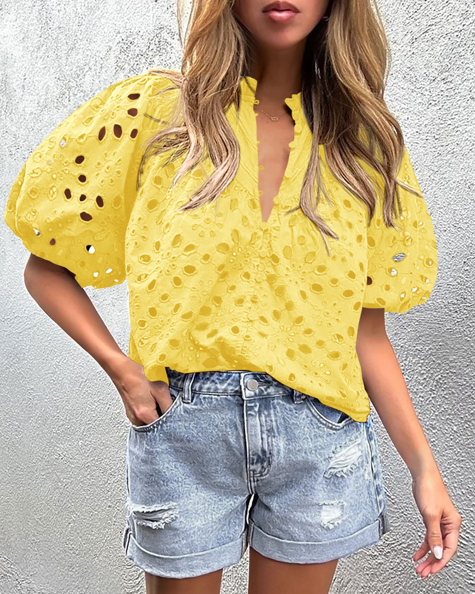 PRETTYGARDEN Women's Summer Short Sleeve Tops Dressy Casual Buttons V Neck Hollow Out Lace Embroidered Blouses Shirts - Image 129