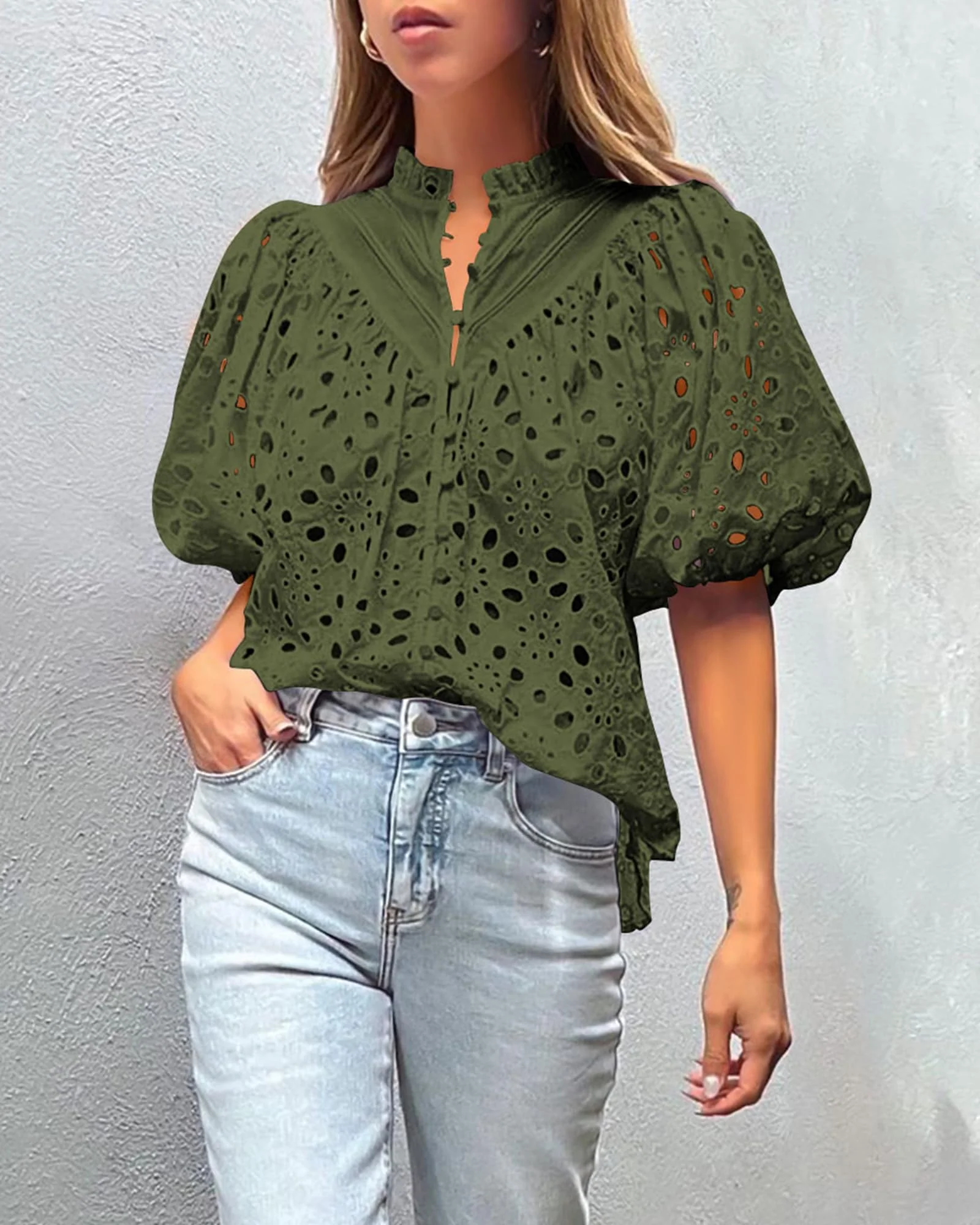 PRETTYGARDEN Women's Summer Short Sleeve Tops Dressy Casual Buttons V Neck Hollow Out Lace Embroidered Blouses Shirts - Image 13