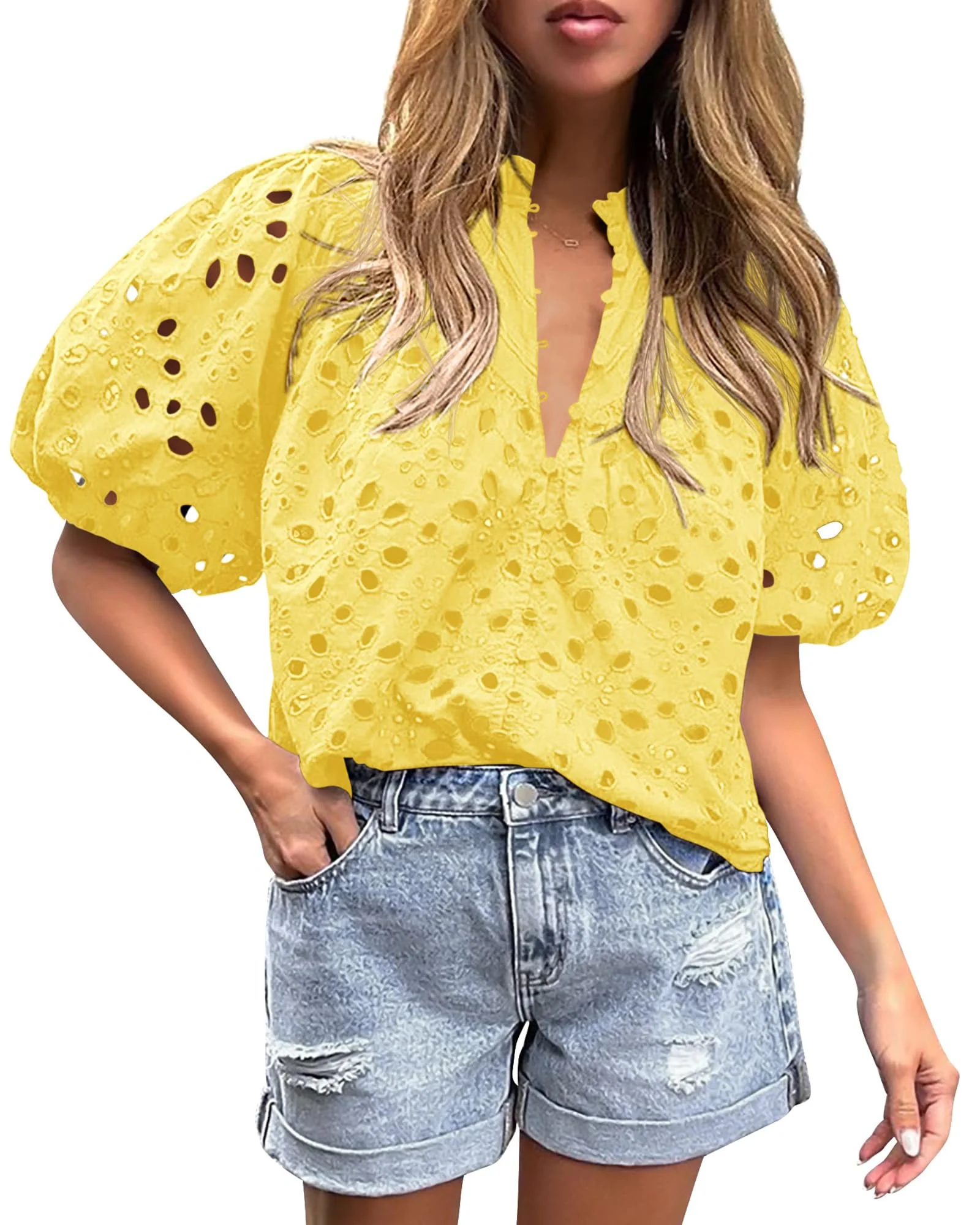 PRETTYGARDEN Women's Summer Short Sleeve Tops Dressy Casual Buttons V Neck Hollow Out Lace Embroidered Blouses Shirts - Image 134