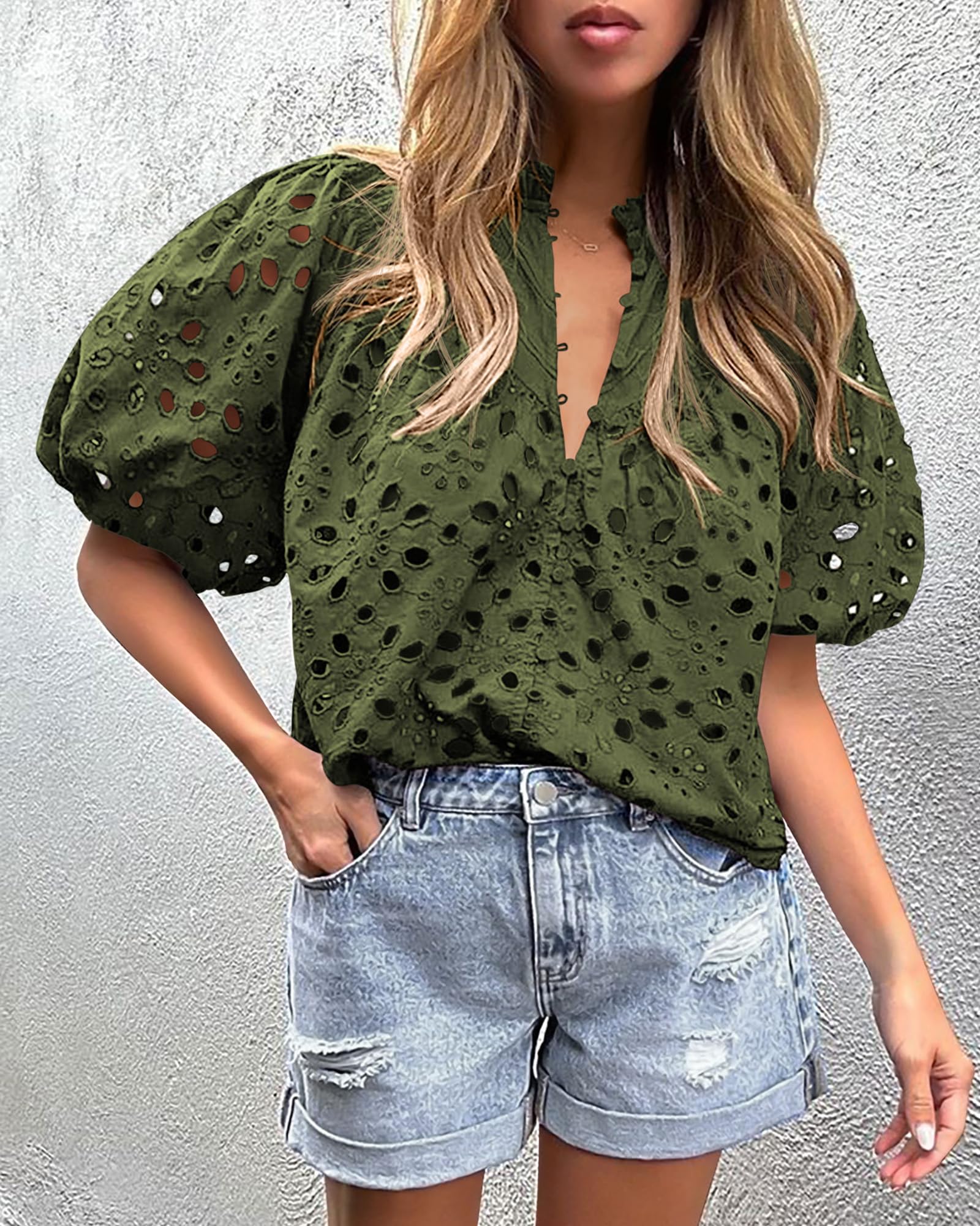 PRETTYGARDEN Women's Summer Short Sleeve Tops Dressy Casual Buttons V Neck Hollow Out Lace Embroidered Blouses Shirts - Image 14