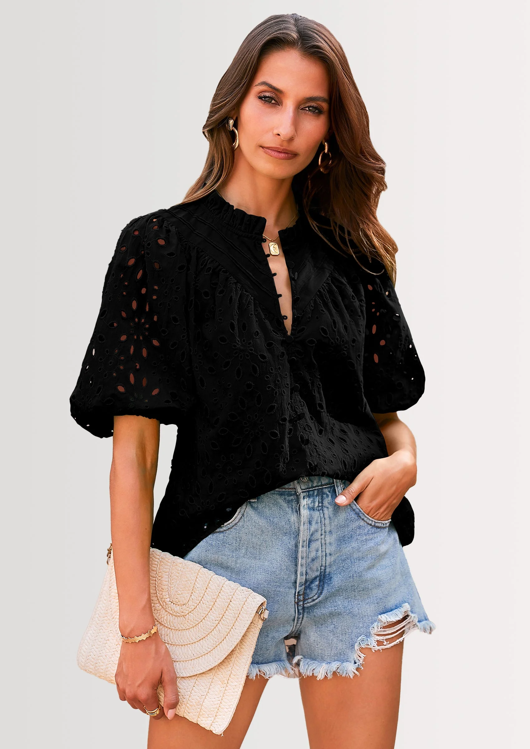 PRETTYGARDEN Women's Summer Short Sleeve Tops Dressy Casual Buttons V Neck Hollow Out Lace Embroidered Blouses Shirts - Image 15