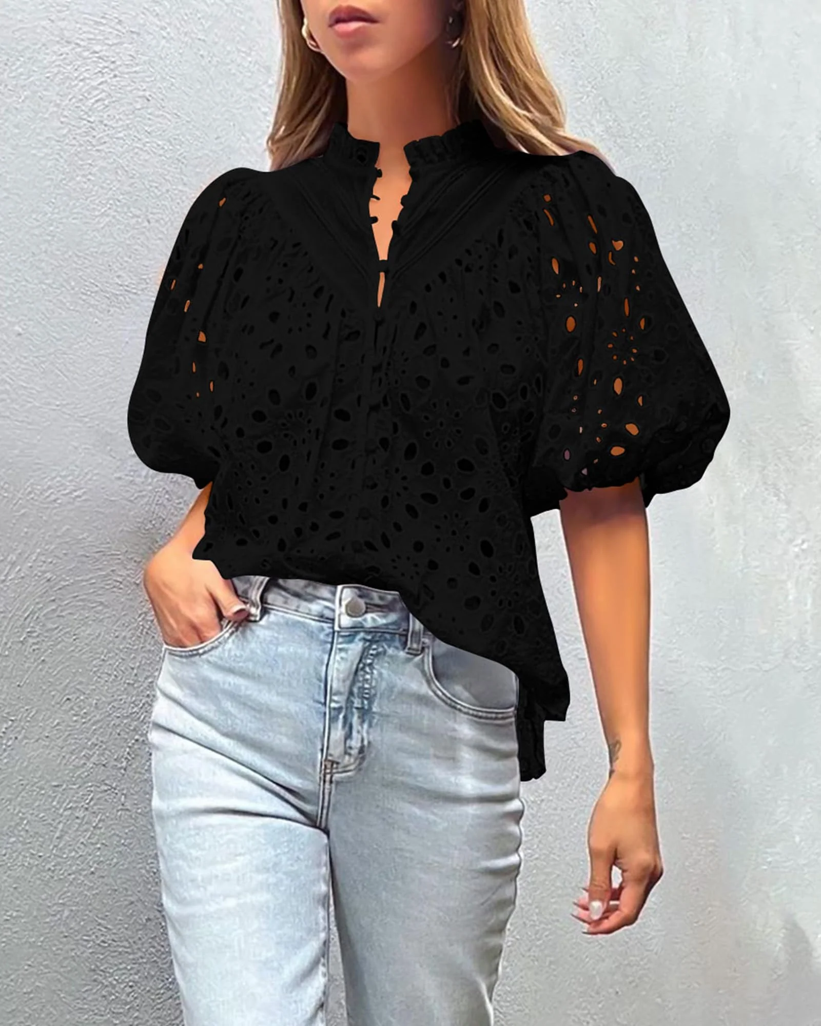 PRETTYGARDEN Women's Summer Short Sleeve Tops Dressy Casual Buttons V Neck Hollow Out Lace Embroidered Blouses Shirts - Image 19