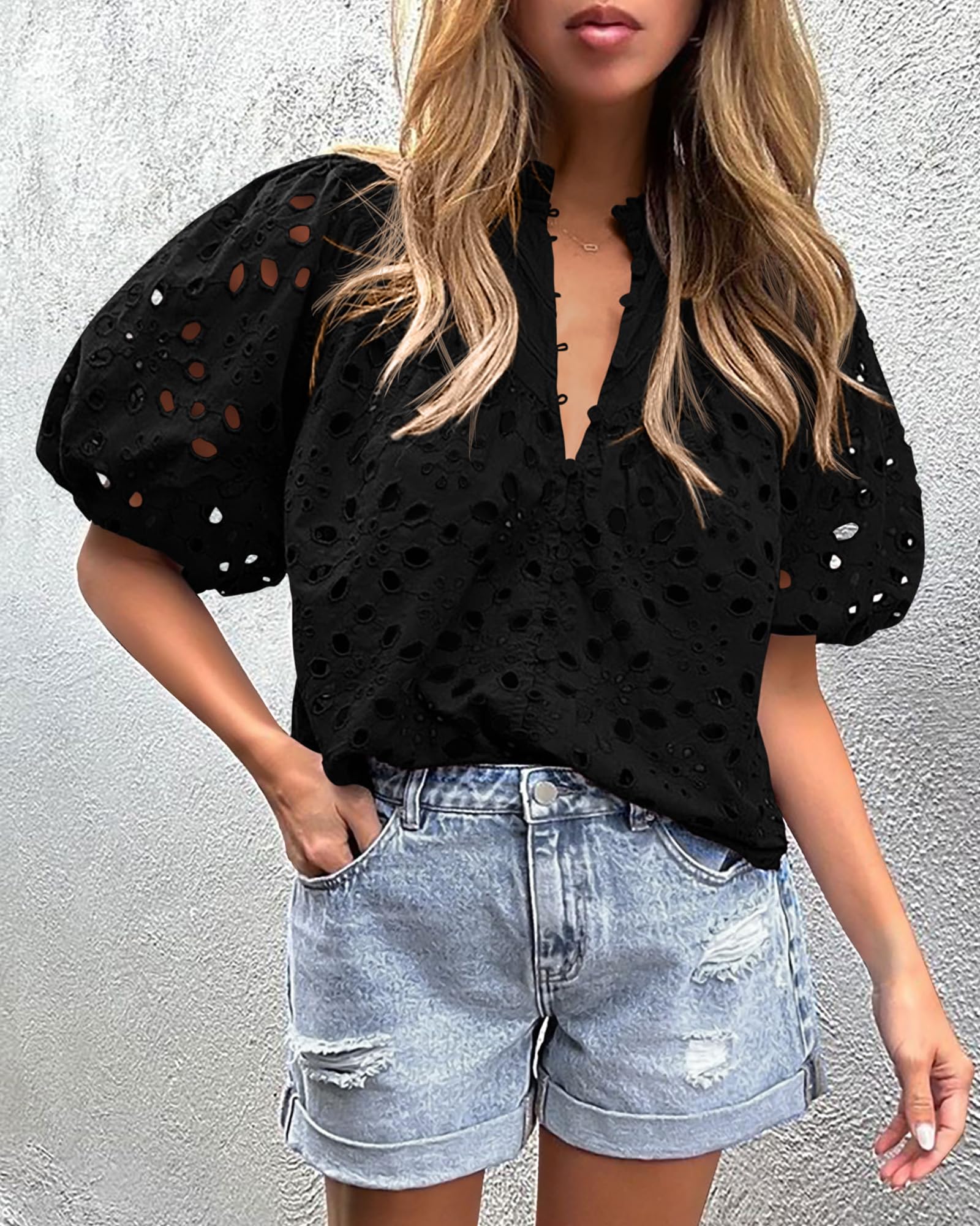 PRETTYGARDEN Women's Summer Short Sleeve Tops Dressy Casual Buttons V Neck Hollow Out Lace Embroidered Blouses Shirts - Image 20
