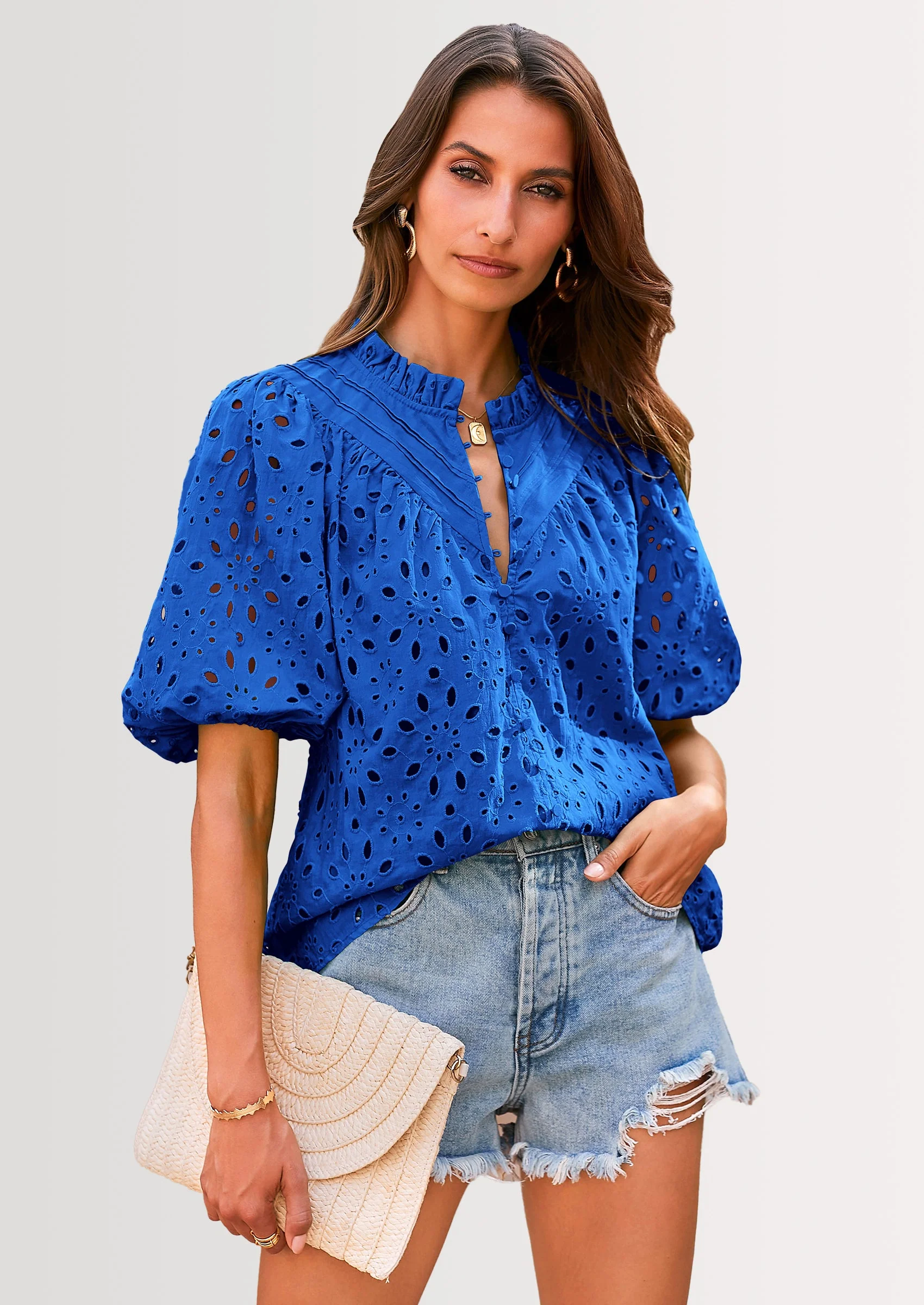 PRETTYGARDEN Women's Summer Short Sleeve Tops Dressy Casual Buttons V Neck Hollow Out Lace Embroidered Blouses Shirts - Image 21