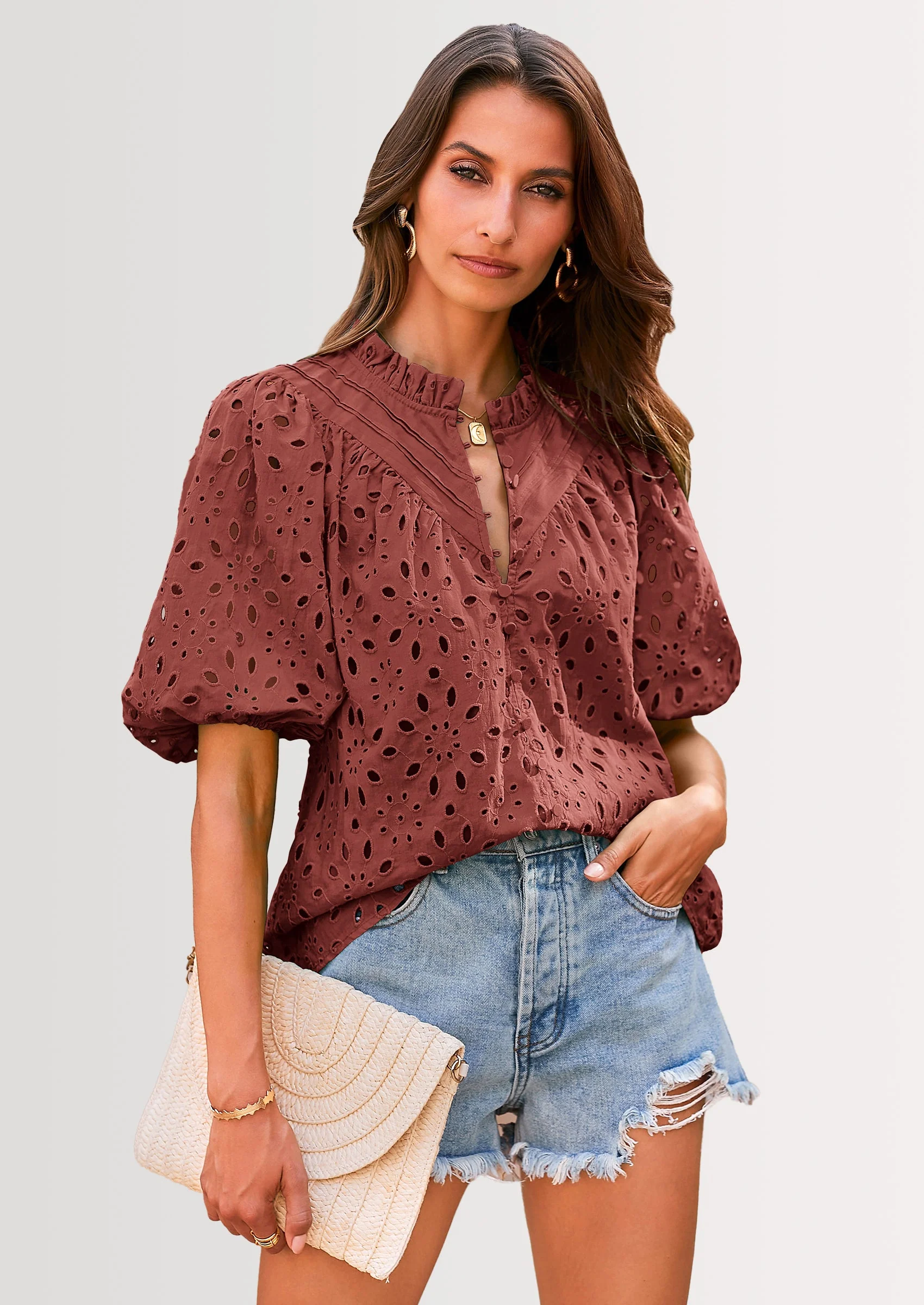 PRETTYGARDEN Women's Summer Short Sleeve Tops Dressy Casual Buttons V Neck Hollow Out Lace Embroidered Blouses Shirts - Image 27