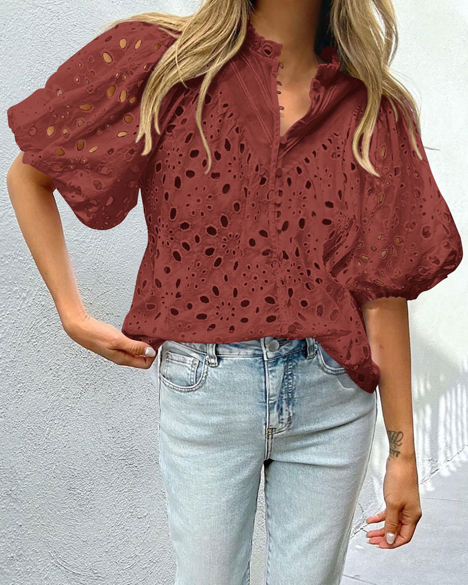 PRETTYGARDEN Women's Summer Short Sleeve Tops Dressy Casual Buttons V Neck Hollow Out Lace Embroidered Blouses Shirts - Image 29