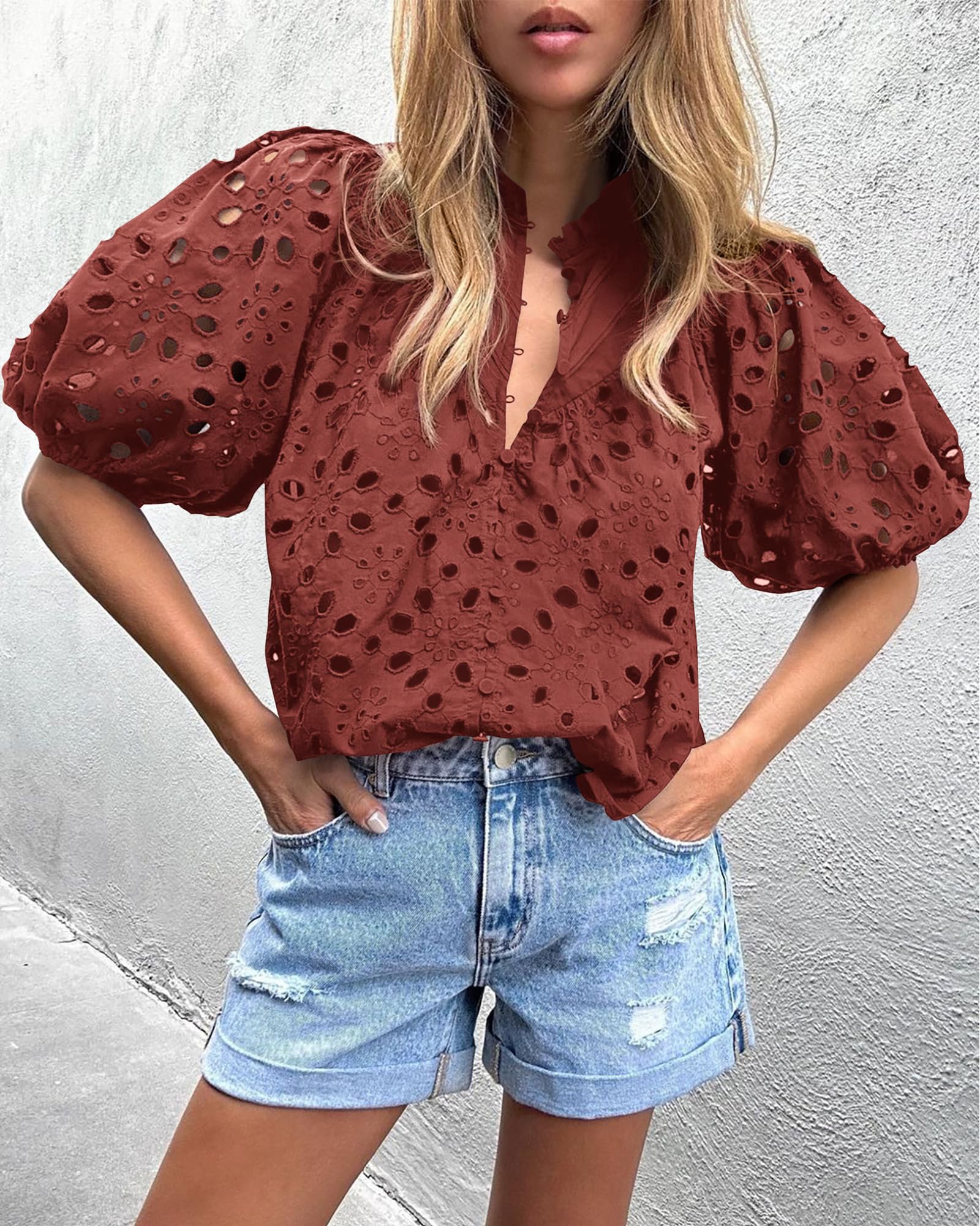 PRETTYGARDEN Women's Summer Short Sleeve Tops Dressy Casual Buttons V Neck Hollow Out Lace Embroidered Blouses Shirts - Image 30