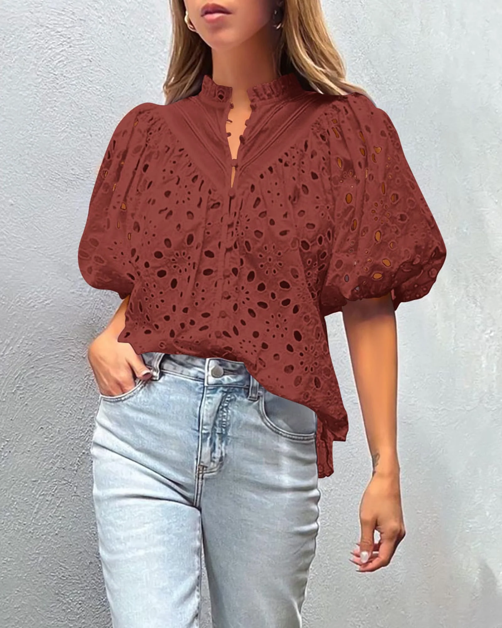 PRETTYGARDEN Women's Summer Short Sleeve Tops Dressy Casual Buttons V Neck Hollow Out Lace Embroidered Blouses Shirts - Image 31