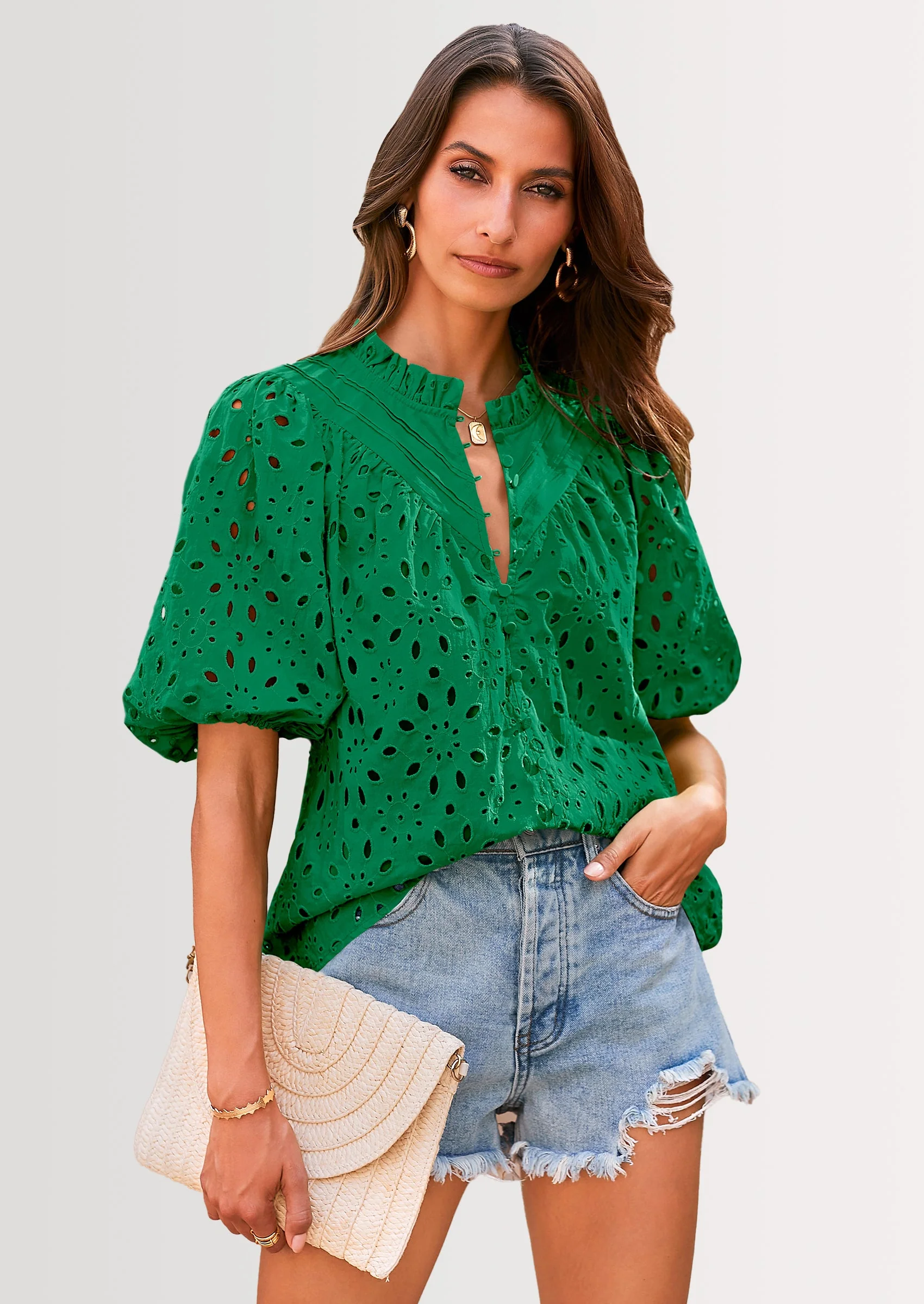 PRETTYGARDEN Women's Summer Short Sleeve Tops Dressy Casual Buttons V Neck Hollow Out Lace Embroidered Blouses Shirts - Image 33