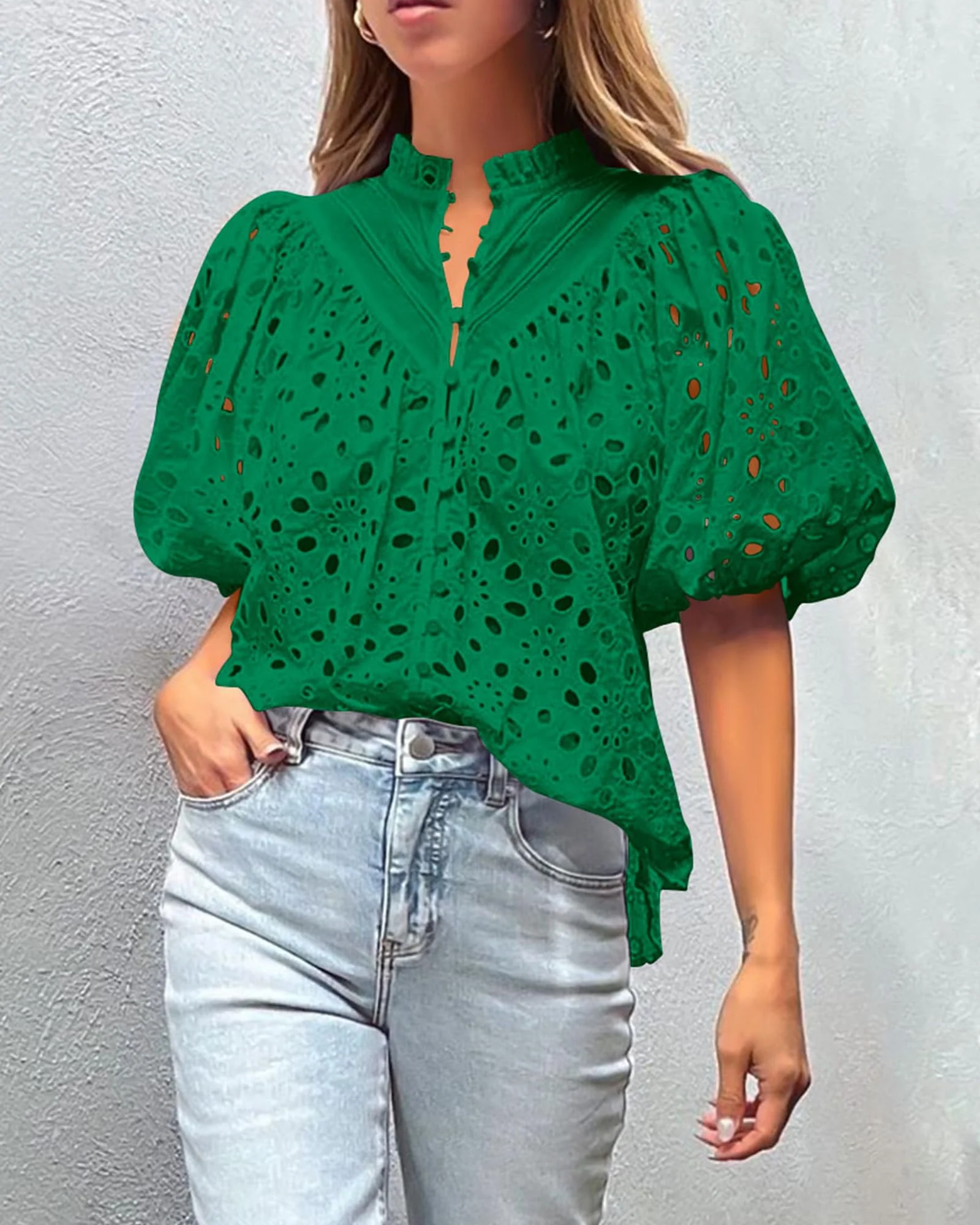 PRETTYGARDEN Women's Summer Short Sleeve Tops Dressy Casual Buttons V Neck Hollow Out Lace Embroidered Blouses Shirts - Image 37