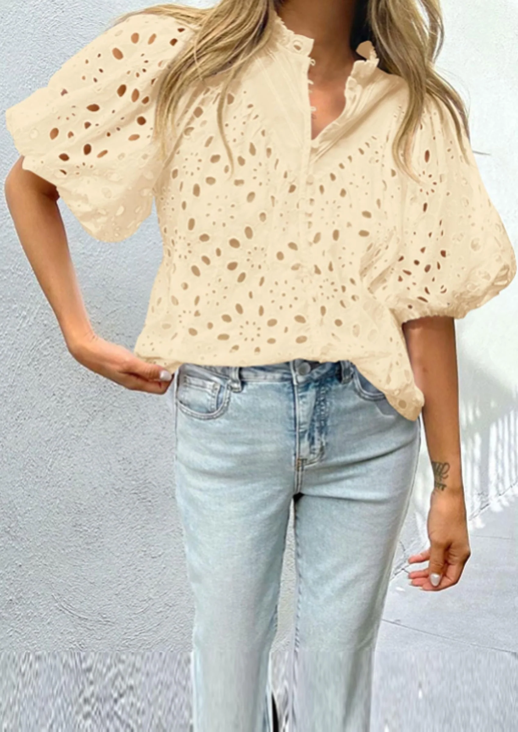 PRETTYGARDEN Women's Summer Short Sleeve Tops Dressy Casual Buttons V Neck Hollow Out Lace Embroidered Blouses Shirts - Image 4