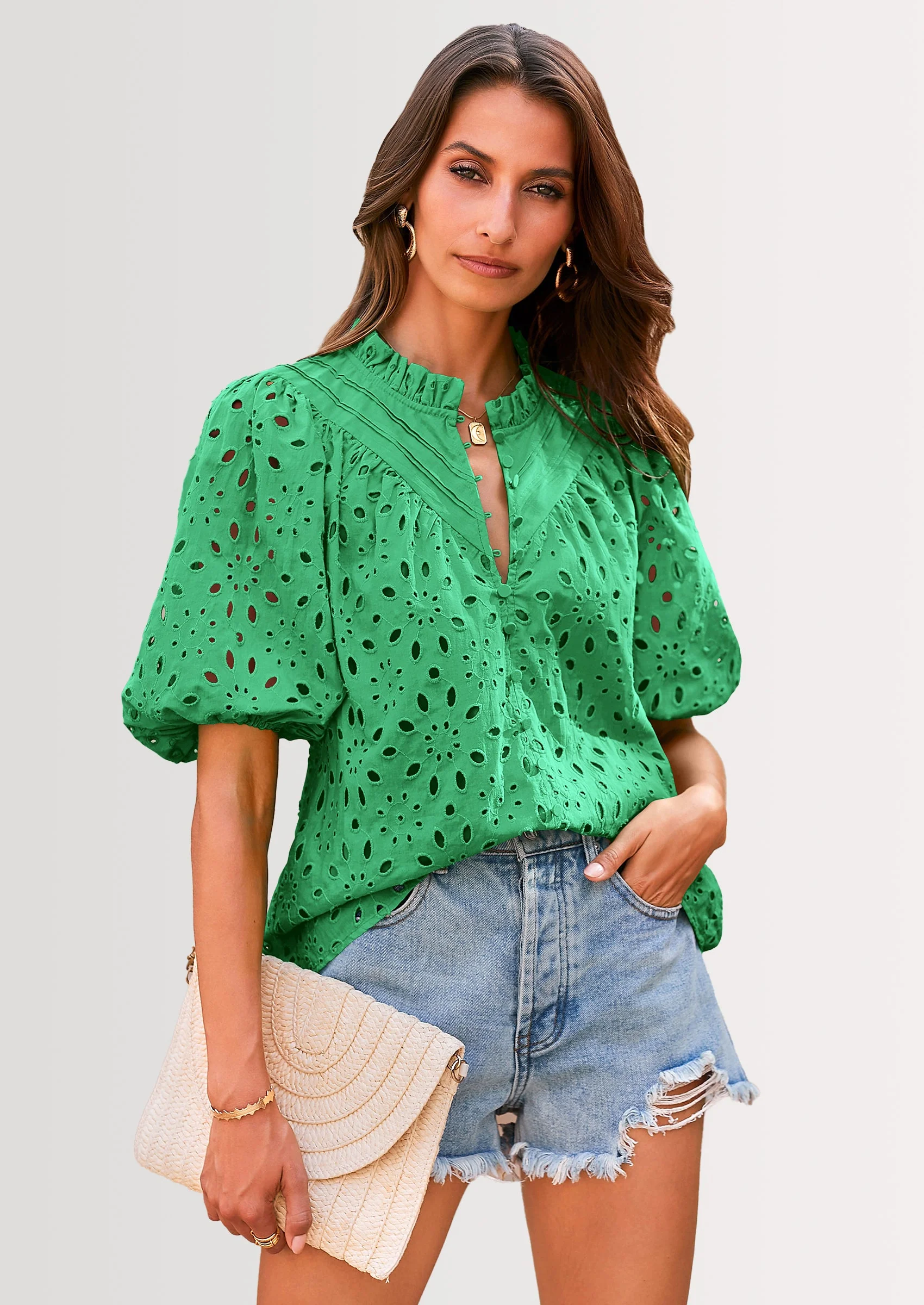 PRETTYGARDEN Women's Summer Short Sleeve Tops Dressy Casual Buttons V Neck Hollow Out Lace Embroidered Blouses Shirts - Image 40