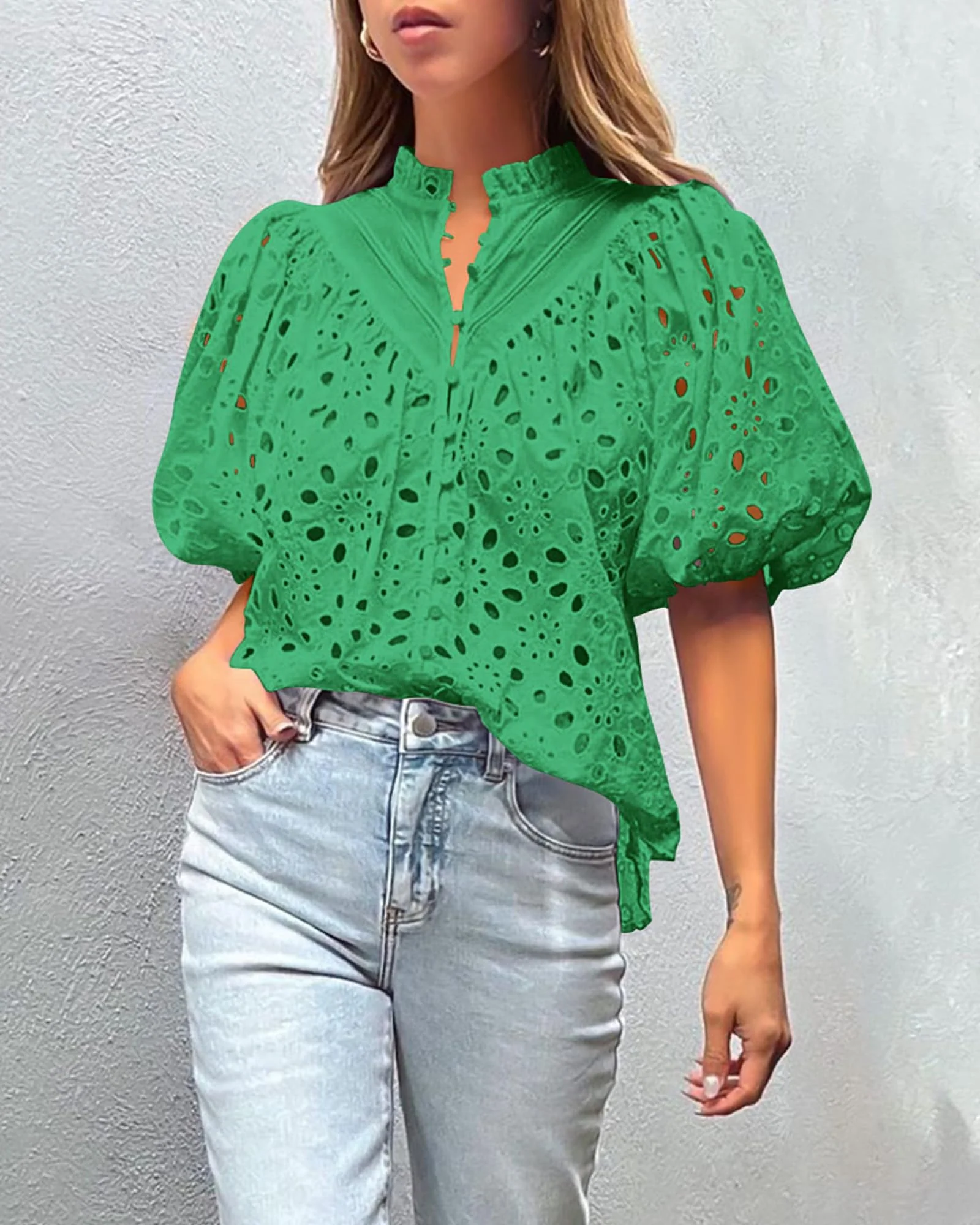 PRETTYGARDEN Women's Summer Short Sleeve Tops Dressy Casual Buttons V Neck Hollow Out Lace Embroidered Blouses Shirts - Image 44