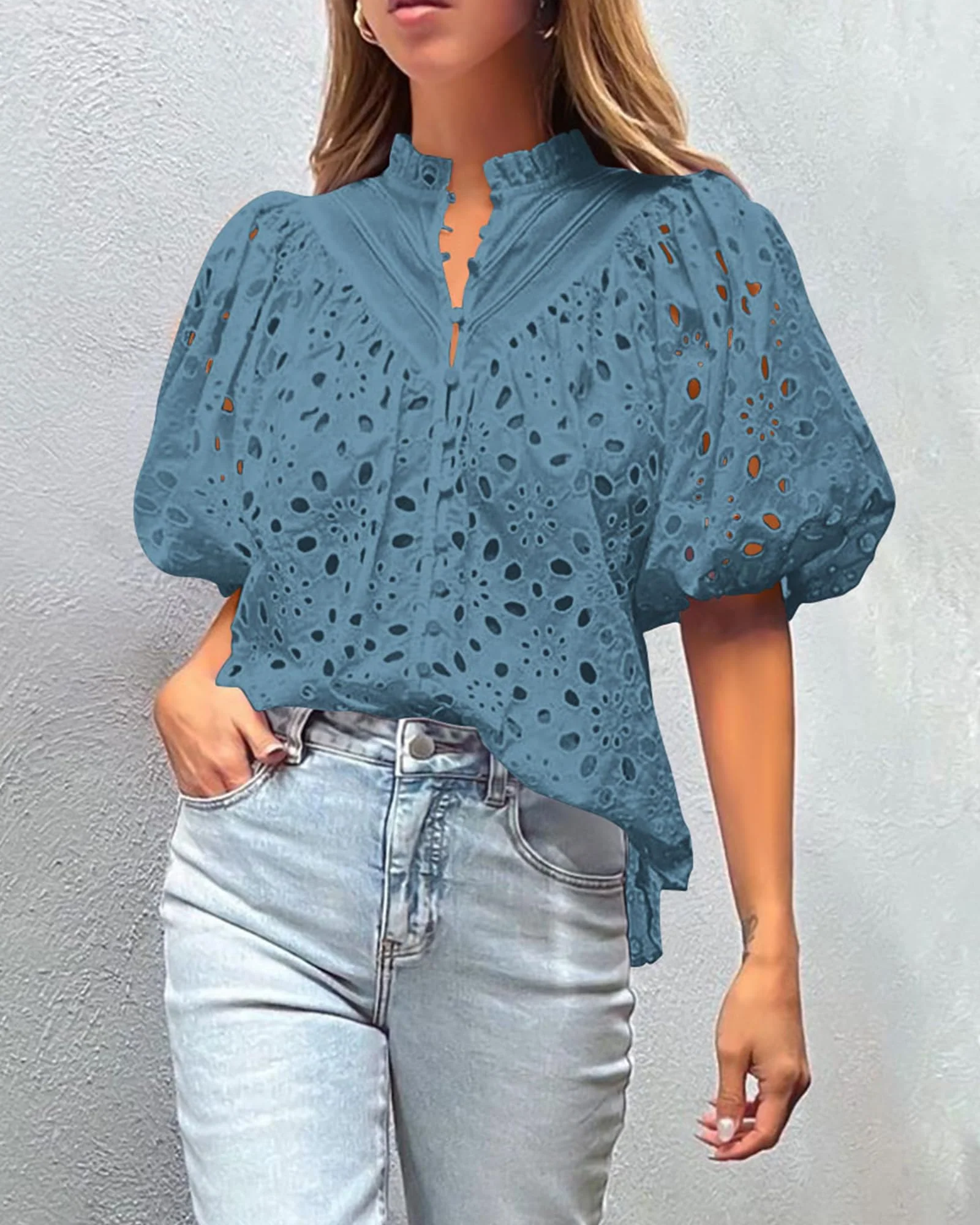 PRETTYGARDEN Women's Summer Short Sleeve Tops Dressy Casual Buttons V Neck Hollow Out Lace Embroidered Blouses Shirts - Image 50