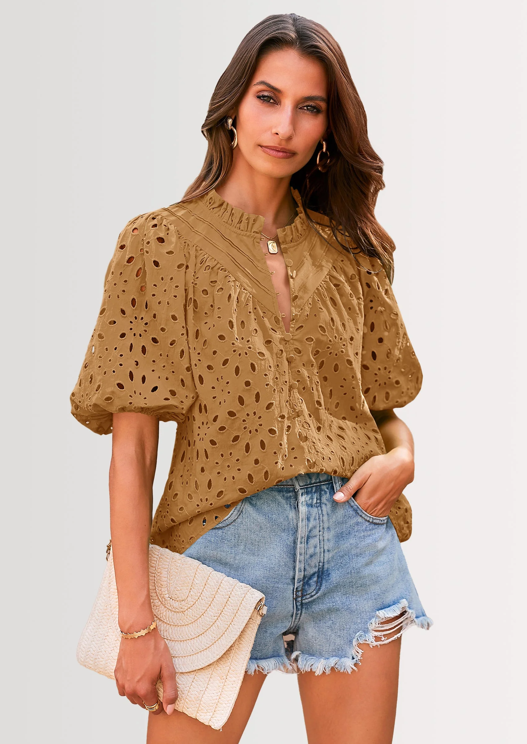 PRETTYGARDEN Women's Summer Short Sleeve Tops Dressy Casual Buttons V Neck Hollow Out Lace Embroidered Blouses Shirts - Image 53