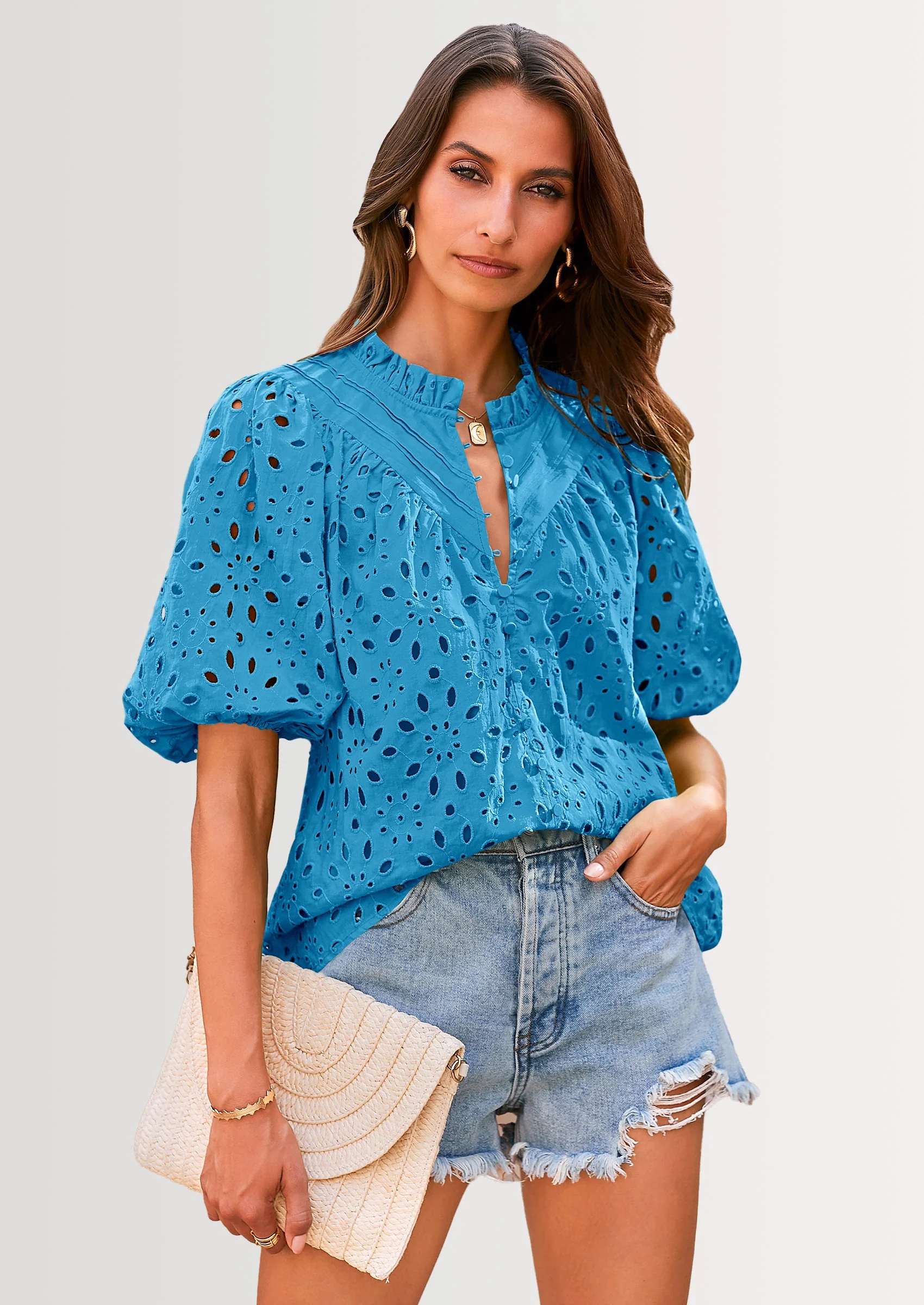 PRETTYGARDEN Women's Summer Short Sleeve Tops Dressy Casual Buttons V Neck Hollow Out Lace Embroidered Blouses Shirts - Image 60