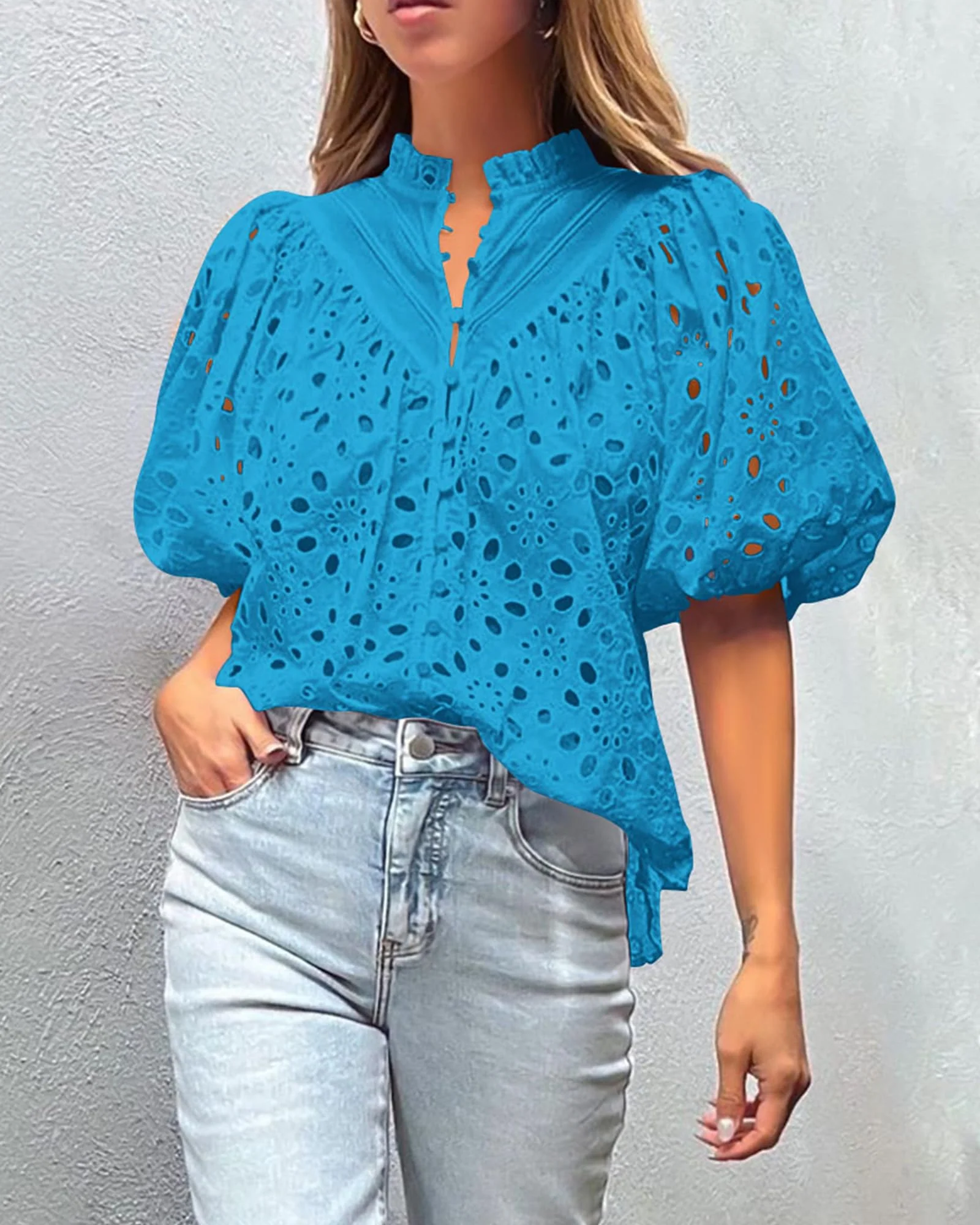 PRETTYGARDEN Women's Summer Short Sleeve Tops Dressy Casual Buttons V Neck Hollow Out Lace Embroidered Blouses Shirts - Image 64
