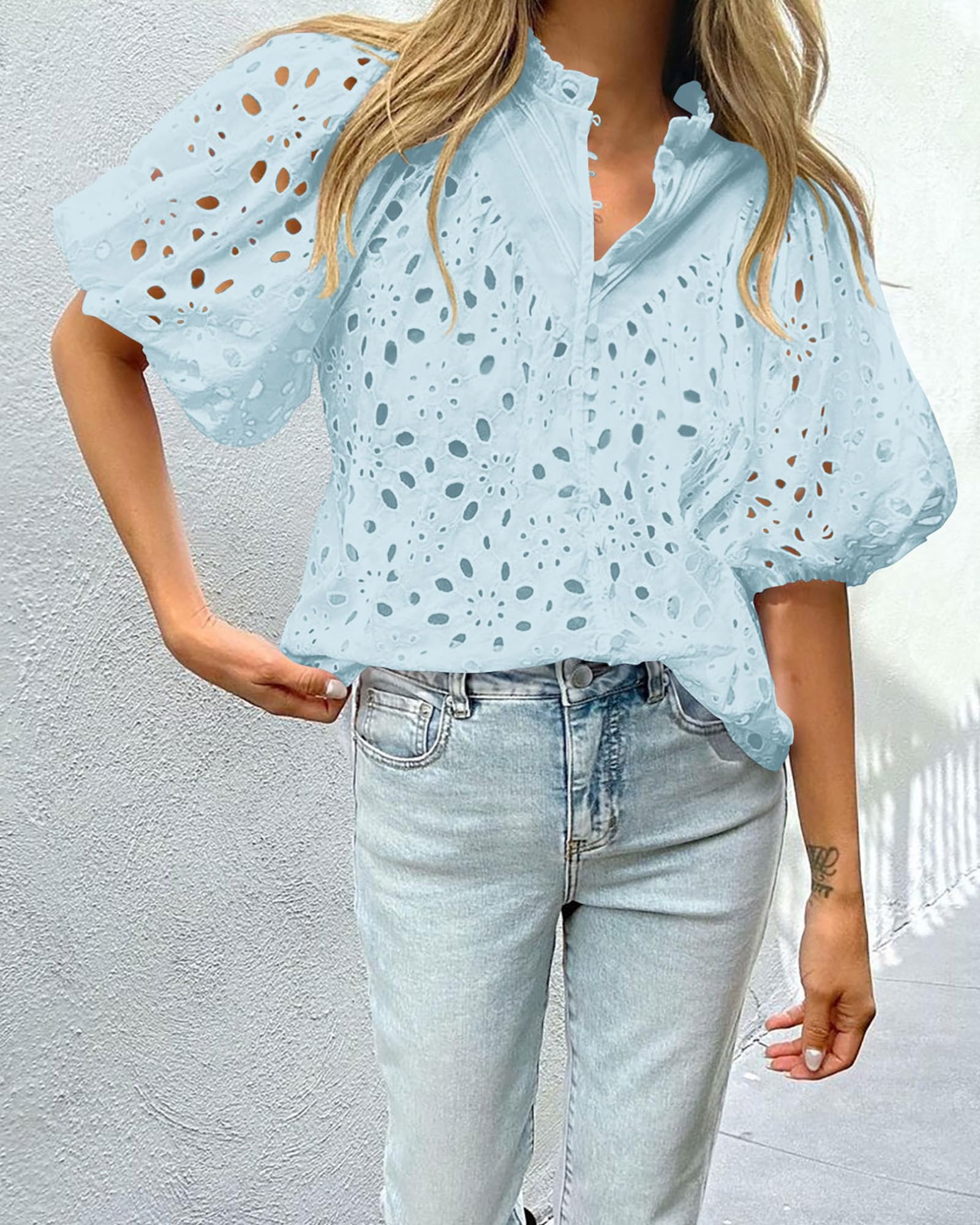 PRETTYGARDEN Women's Summer Short Sleeve Tops Dressy Casual Buttons V Neck Hollow Out Lace Embroidered Blouses Shirts - Image 69