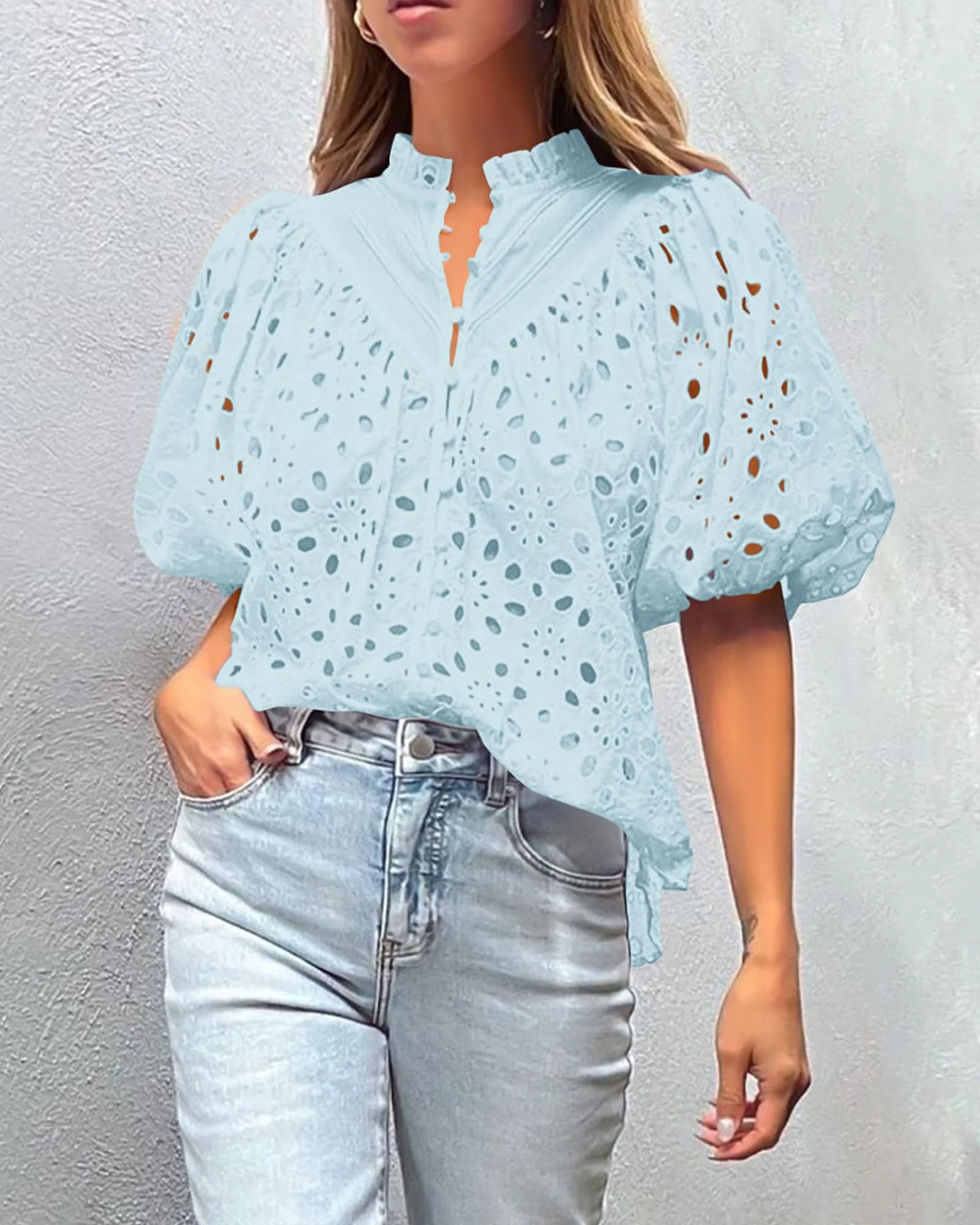 PRETTYGARDEN Women's Summer Short Sleeve Tops Dressy Casual Buttons V Neck Hollow Out Lace Embroidered Blouses Shirts - Image 71