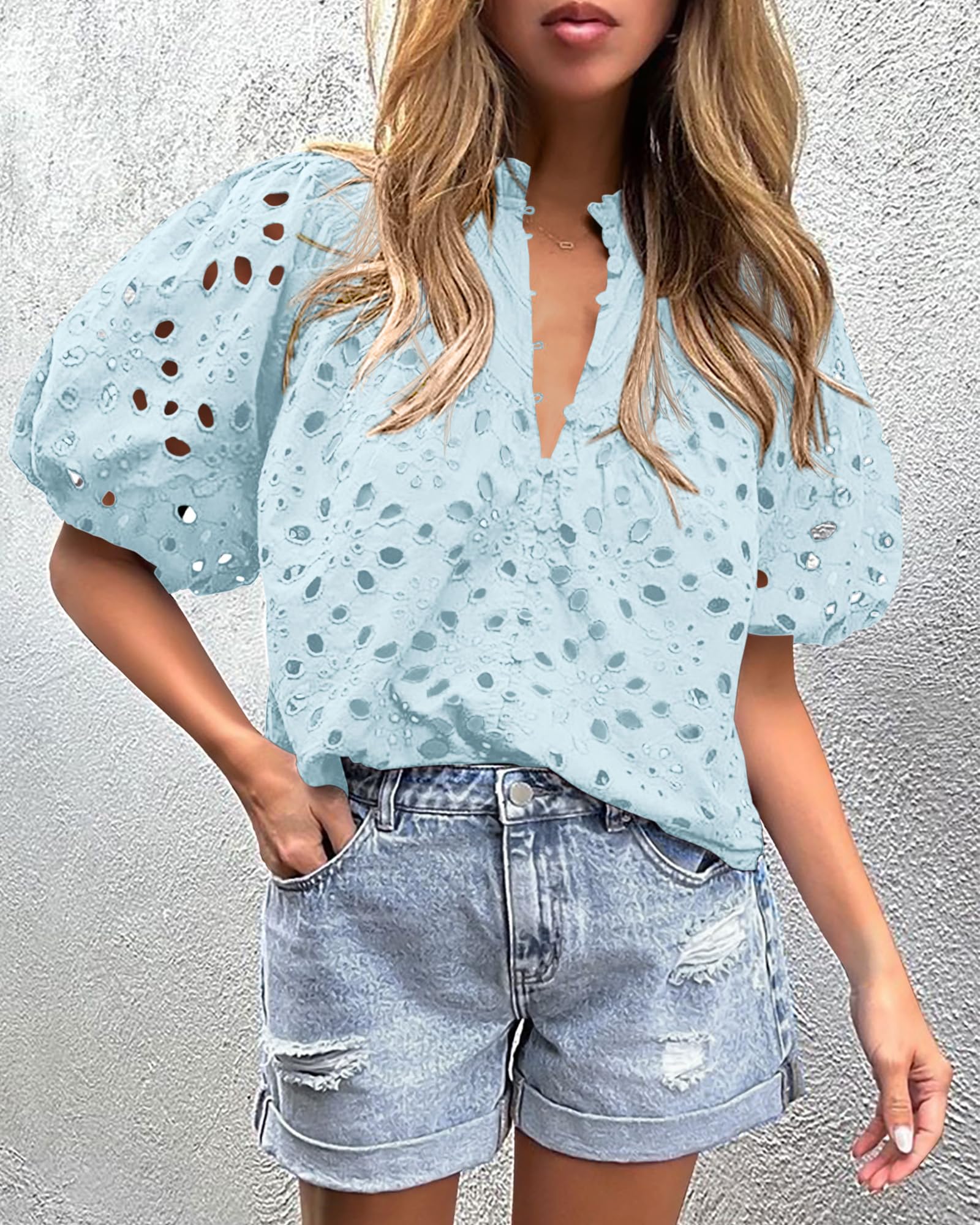 PRETTYGARDEN Women's Summer Short Sleeve Tops Dressy Casual Buttons V Neck Hollow Out Lace Embroidered Blouses Shirts - Image 73