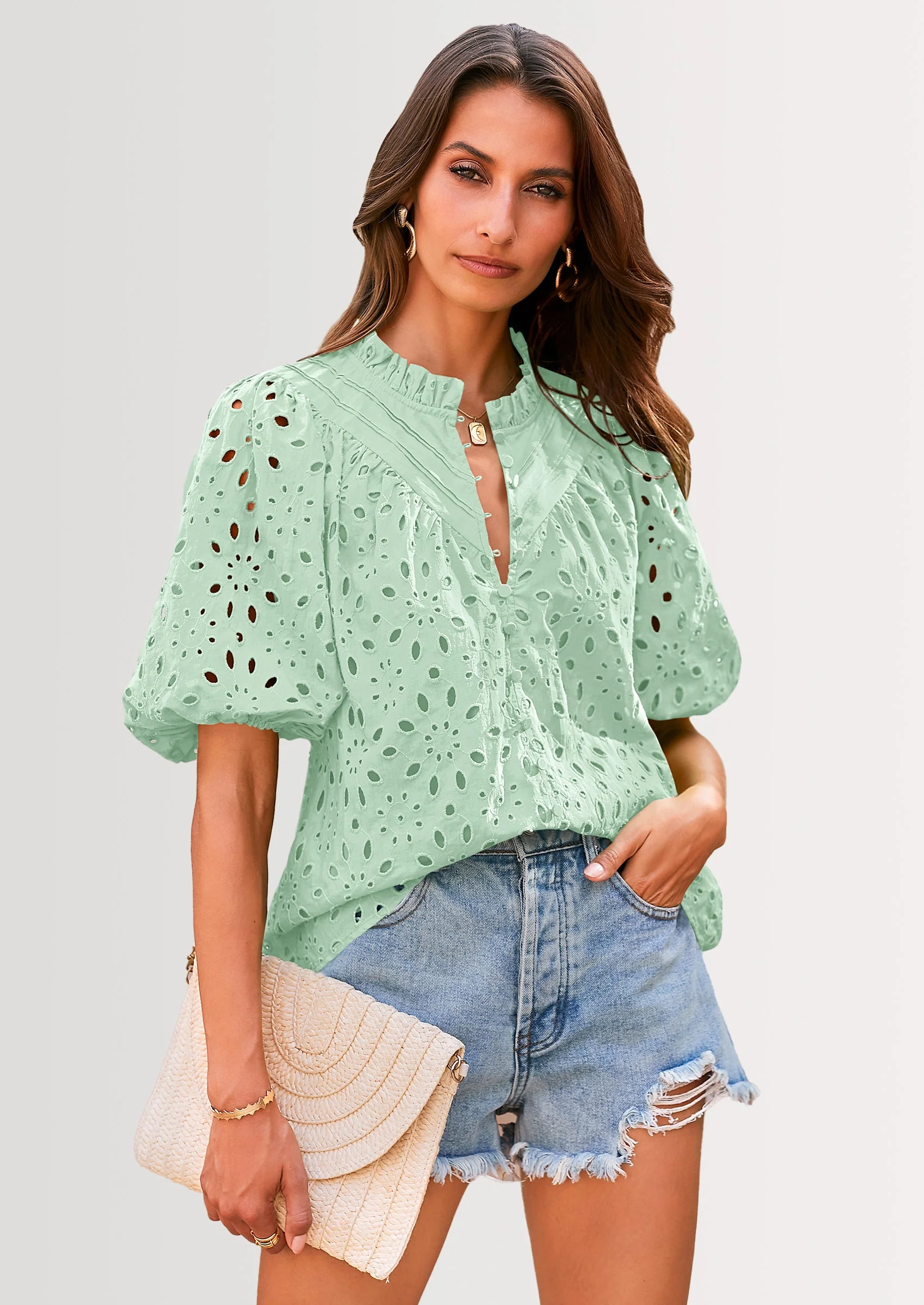 PRETTYGARDEN Women's Summer Short Sleeve Tops Dressy Casual Buttons V Neck Hollow Out Lace Embroidered Blouses Shirts - Image 74