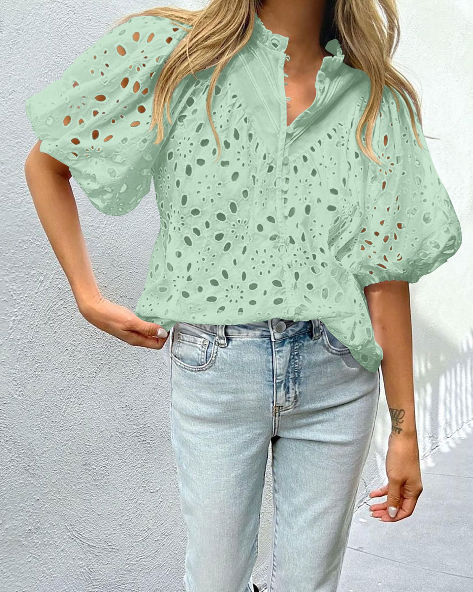 PRETTYGARDEN Women's Summer Short Sleeve Tops Dressy Casual Buttons V Neck Hollow Out Lace Embroidered Blouses Shirts - Image 76