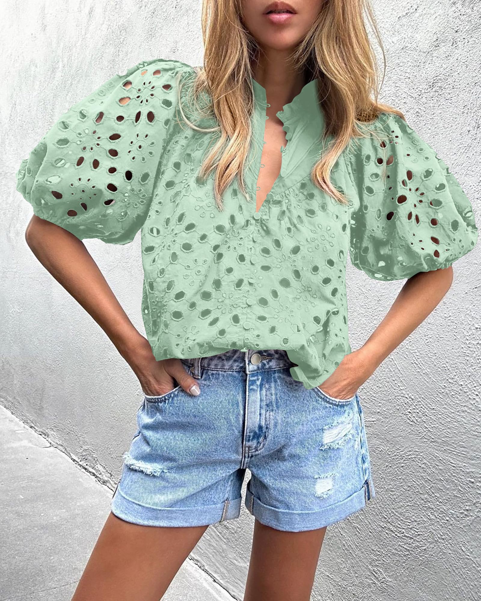 PRETTYGARDEN Women's Summer Short Sleeve Tops Dressy Casual Buttons V Neck Hollow Out Lace Embroidered Blouses Shirts - Image 77