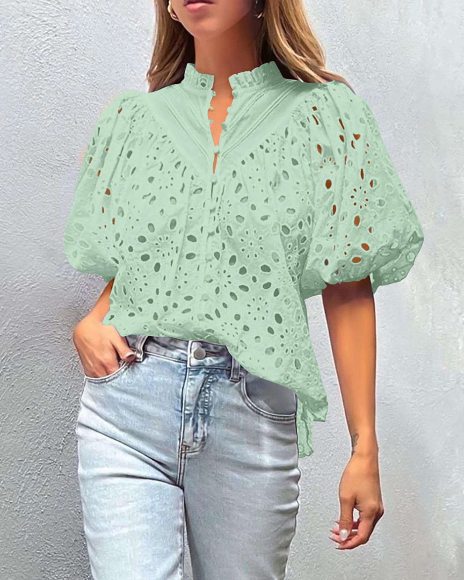 PRETTYGARDEN Women's Summer Short Sleeve Tops Dressy Casual Buttons V Neck Hollow Out Lace Embroidered Blouses Shirts - Image 78